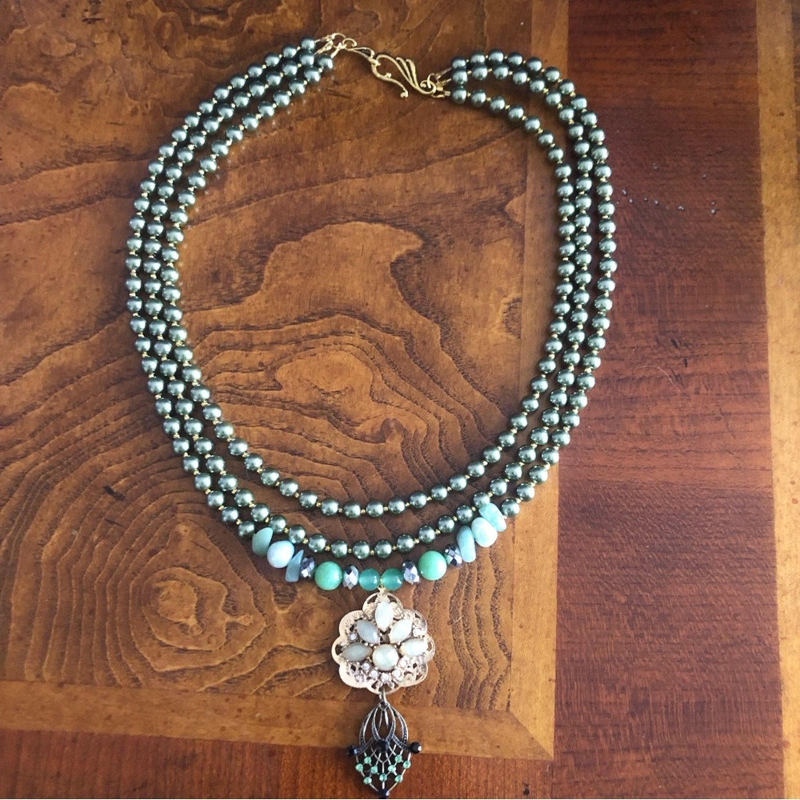 Handmade Handcrafted repurpose aventurine Czech glass Pearl necklace Size ONE SIZE - 8 Thumbnail