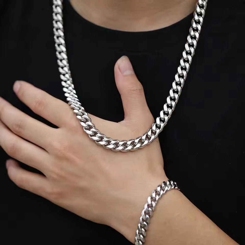 Jewelry 8 mm Width + 60 cm Stainless Steel Cuban Chain Necklace Size ONE SIZE - 2 Thumbnail