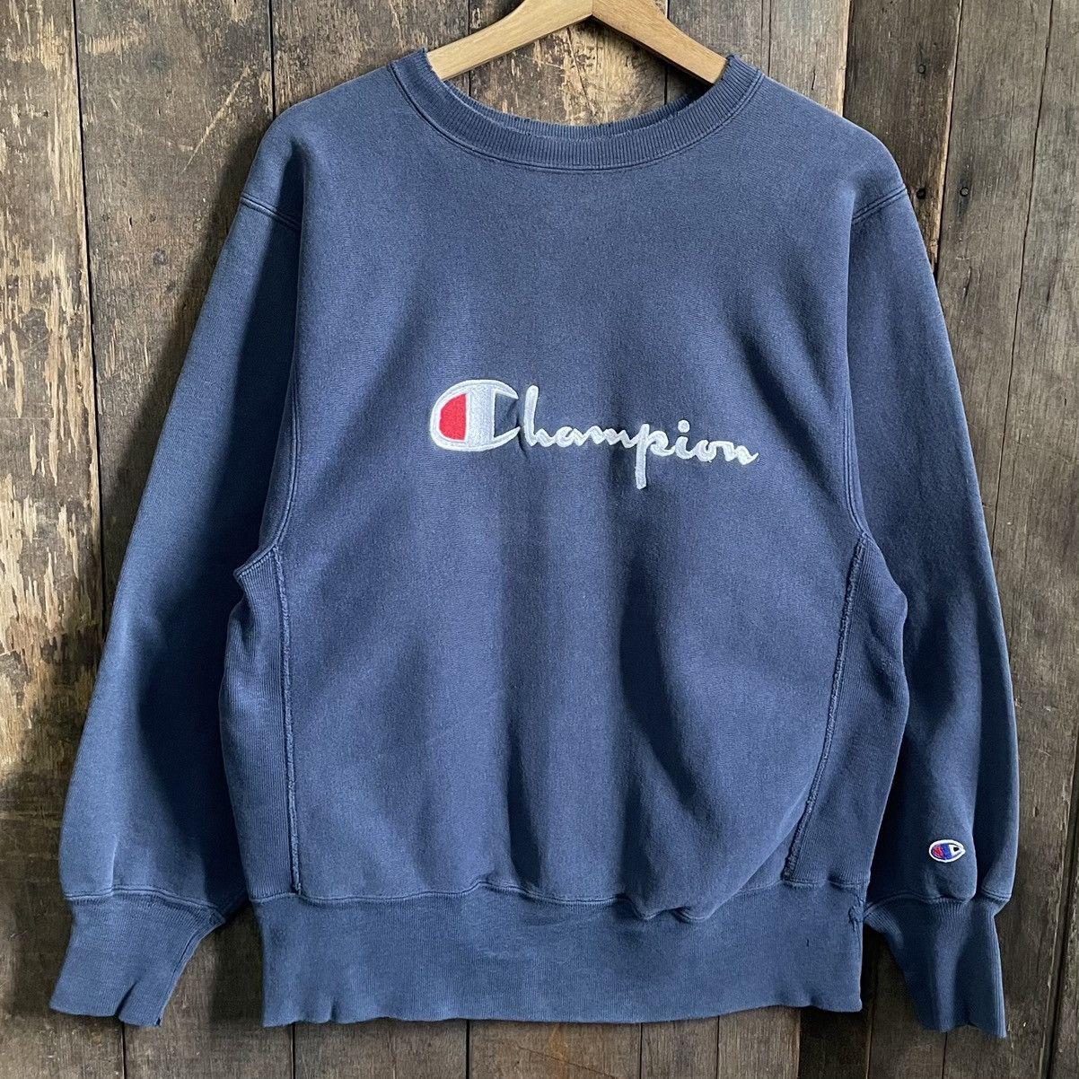 image of Vintage 90's Champion Reverse Weave Distressed Sweatshirt in Blue, Men's (Size Medium)