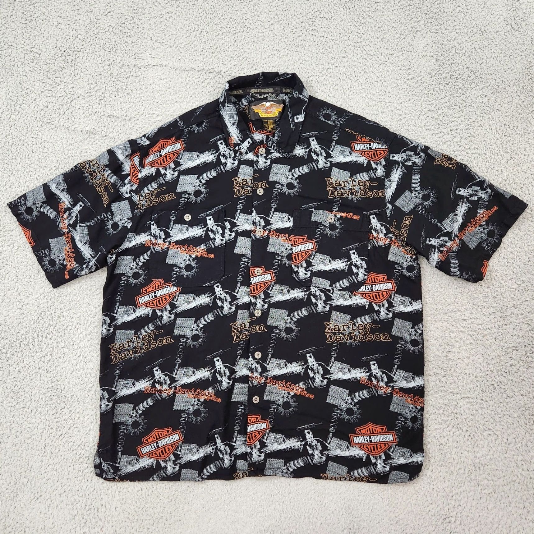 VINTAGE Harley-Davidson Shirt Men XL Black Garage All Over Print Rayon 90s Biker