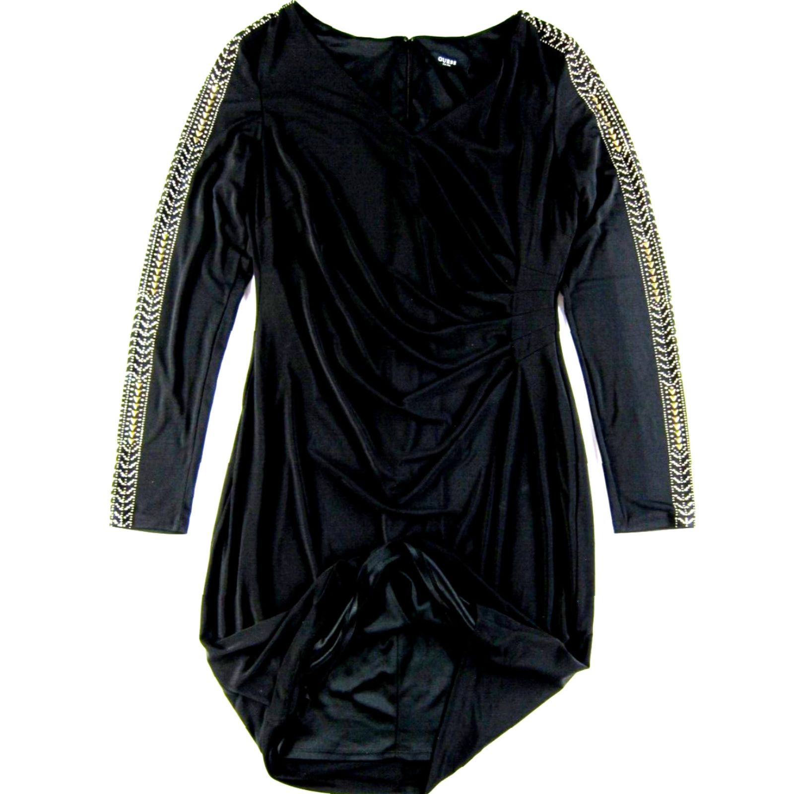 Guess GUESS Black Stretch Ruche Silver Studded Beaded V-Neck Long Sleeve Sheath Dress L Size L / US 10 / IT 46 - 7 Thumbnail