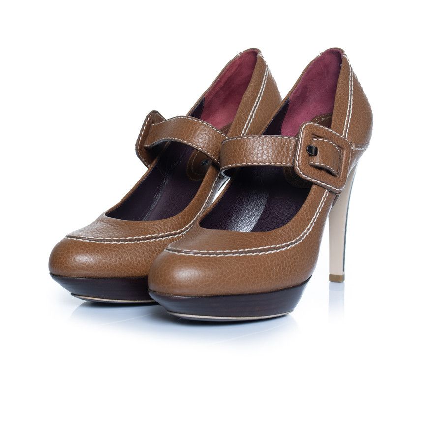 Celine Celine, Leather platform pump with strap in brown Size US 7 / IT 37 - 1 Thumbnail