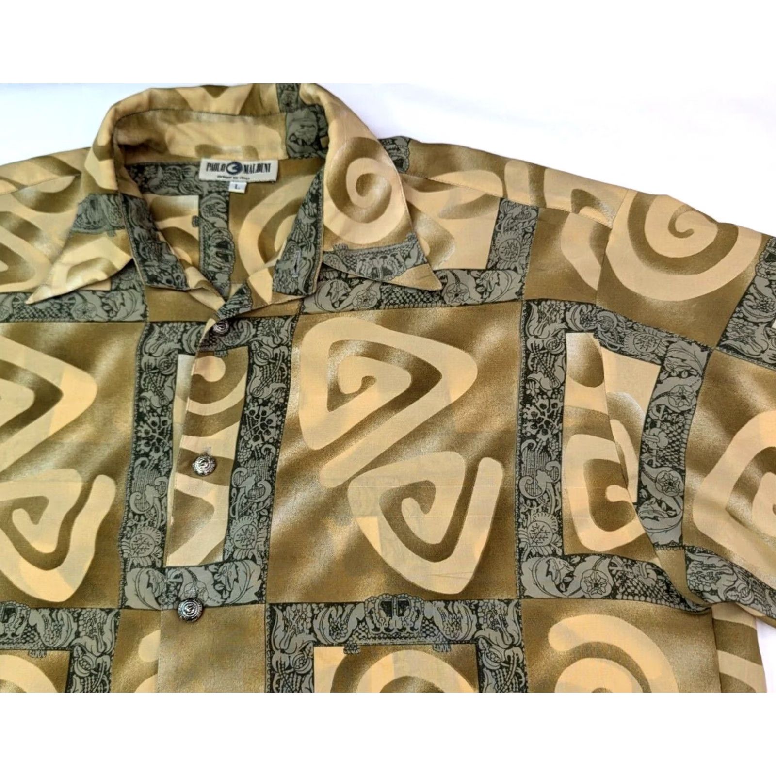 Vintage VINTAGE Paolo Maldini Button-Up Shirt Men L Brown Abstract Paisley Swirls Vines All Over Print Aztec model Designer Retro Photo: 90s-Theme Size US L / EU 52-54 / 3 - 2 Thumbnail