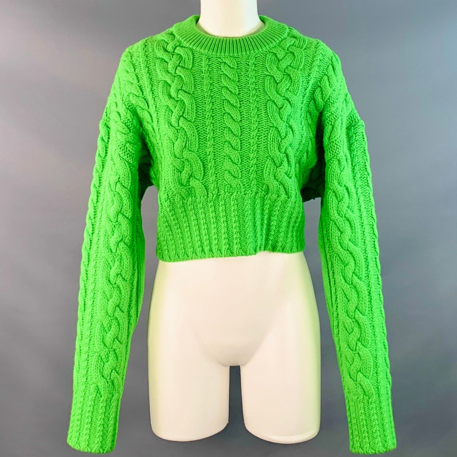 AMI Size M Lime Green Wool Cable Knit Cropped Sweater Size M / US 6-8 / IT 42-44 - 1 Thumbnail