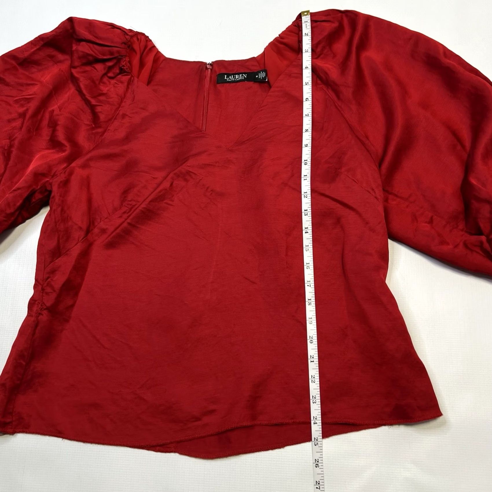 Ralph Lauren Ralph Lauren Womens Blouse Red Satin Shantung 3/4 Sleeve V-Neck Hook & Eye Size 14 Regular Linen Polyester Viscose Lined Casual Vintage No Size XL / US 12-14 / IT 48-50 - 2 Thumbnail