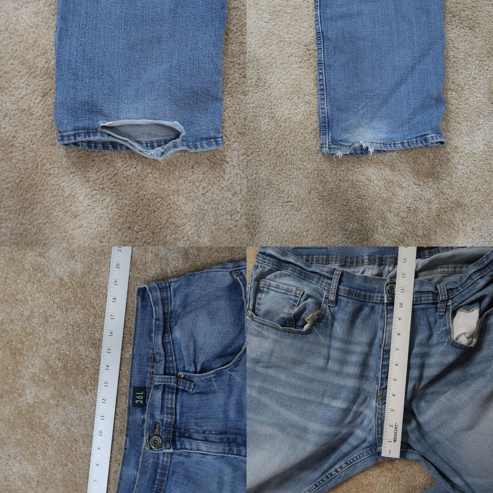 Denime Reclaim Jeans Regular Straight Men 36x34 Denim Blue Stretch Cotton Blend 5-Pocket Zipper Belt Loops Logo Distressed Light Wash Mens Size US 36 / EU 52 - 8 Thumbnail