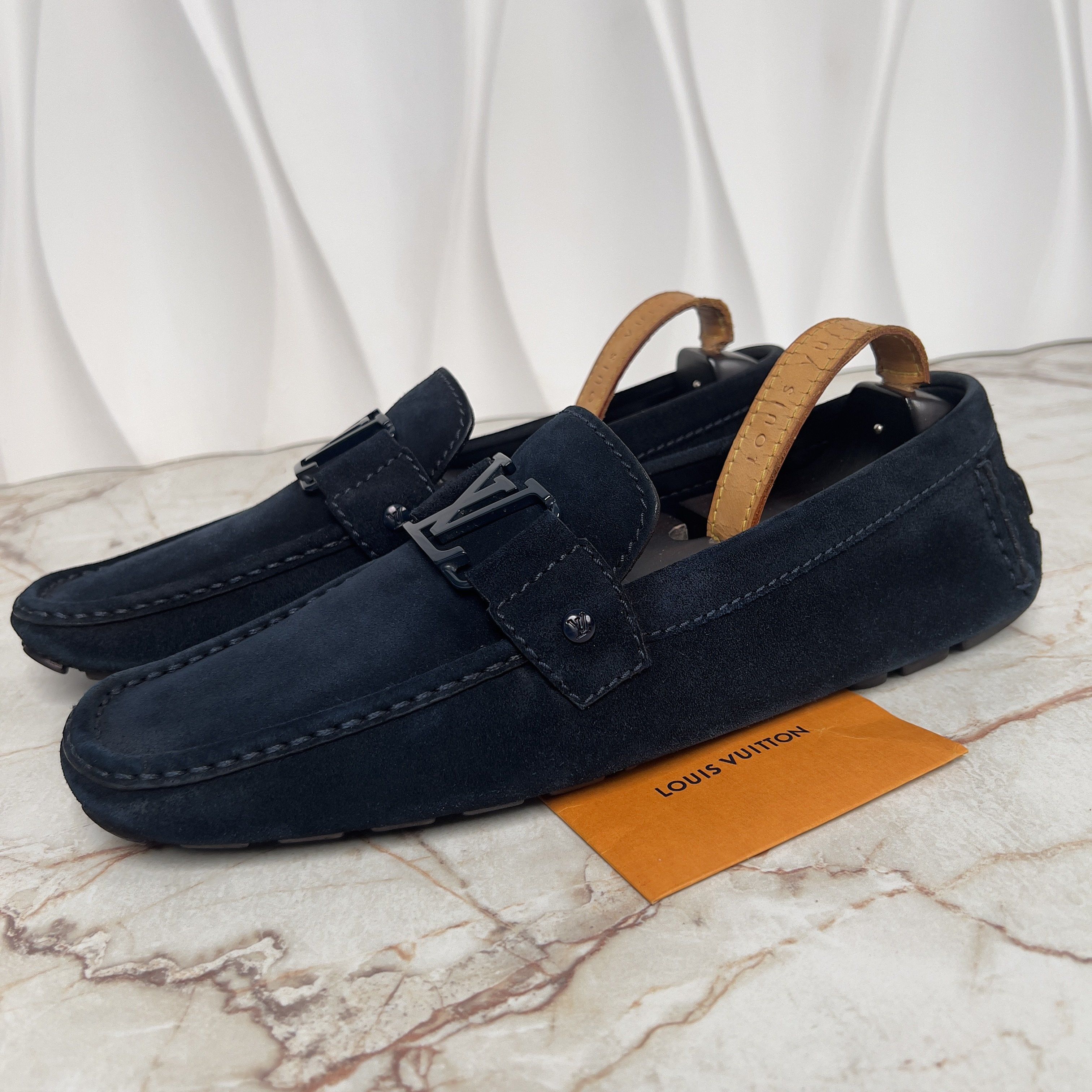 Monte Carlo LV Logo Driving Moccasins Blue Suede