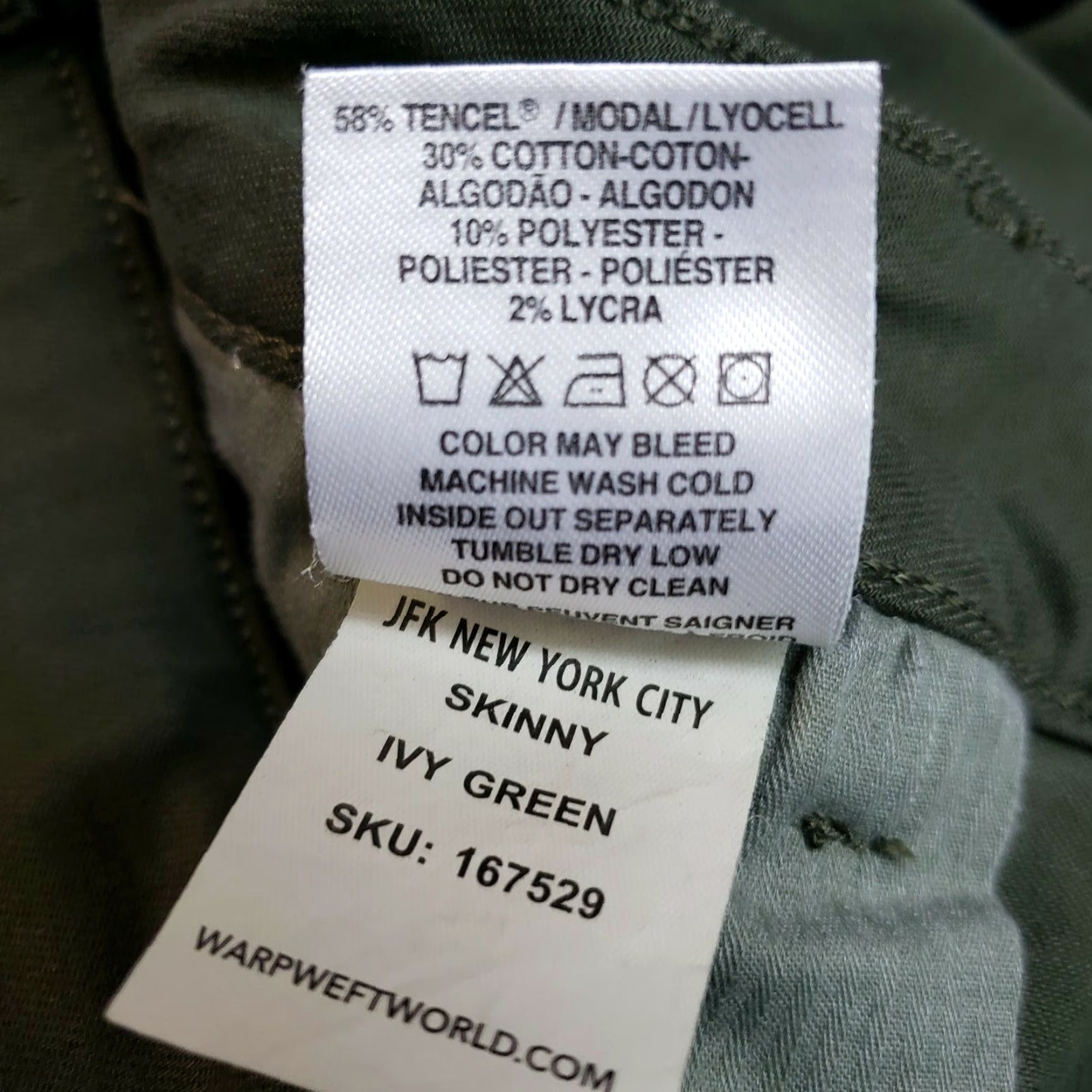 Vintage Warp + Weet JFK New York City Skinny Pants Sz 29 Green Mid Rise Womens Tencel Blend Pants Size 29" - 8 Thumbnail