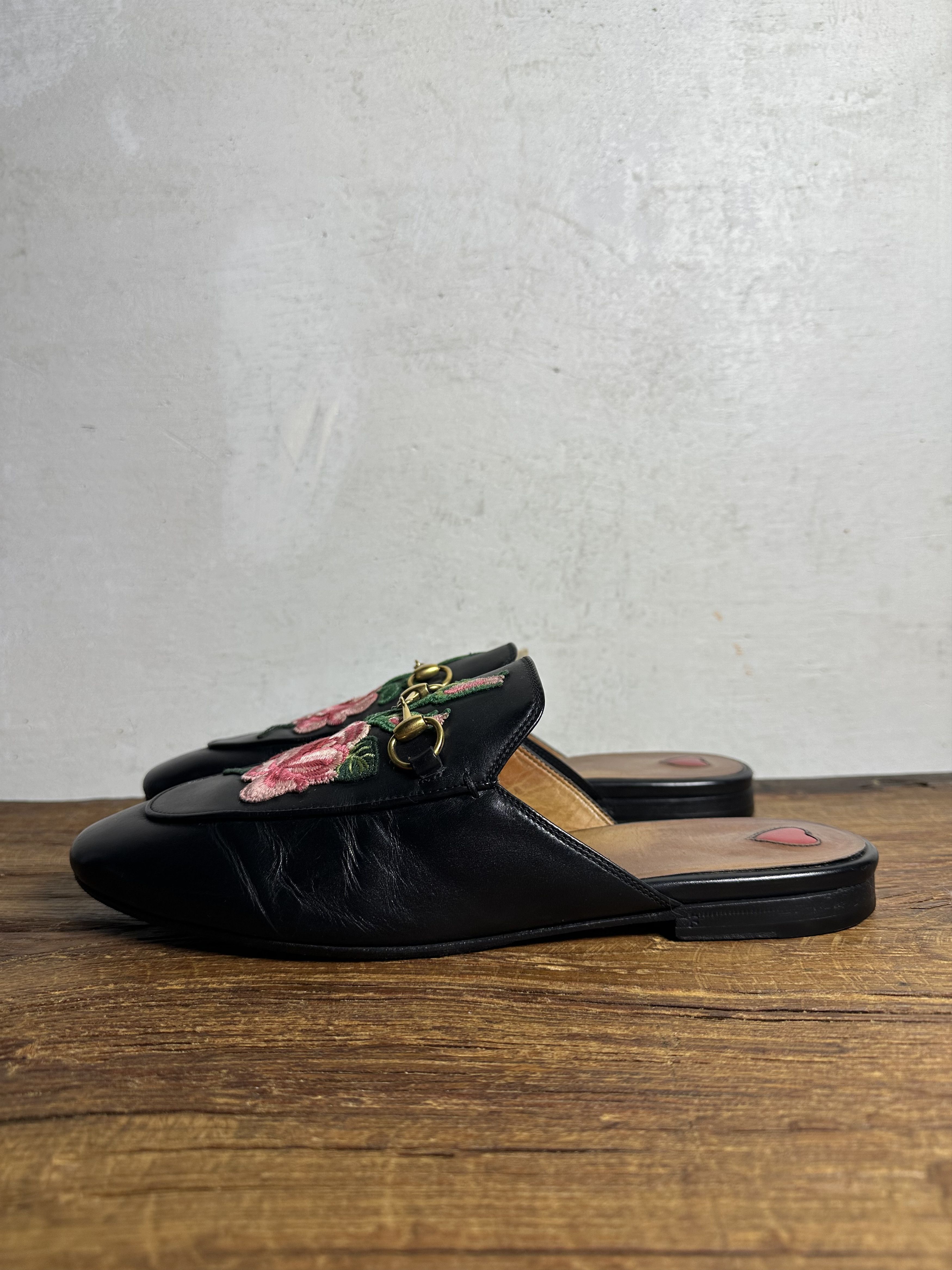 Gucci GUCCI Rose Embroidered Princetown Horsebit Leather Mules Size US 10 / IT 40 - 3 Thumbnail