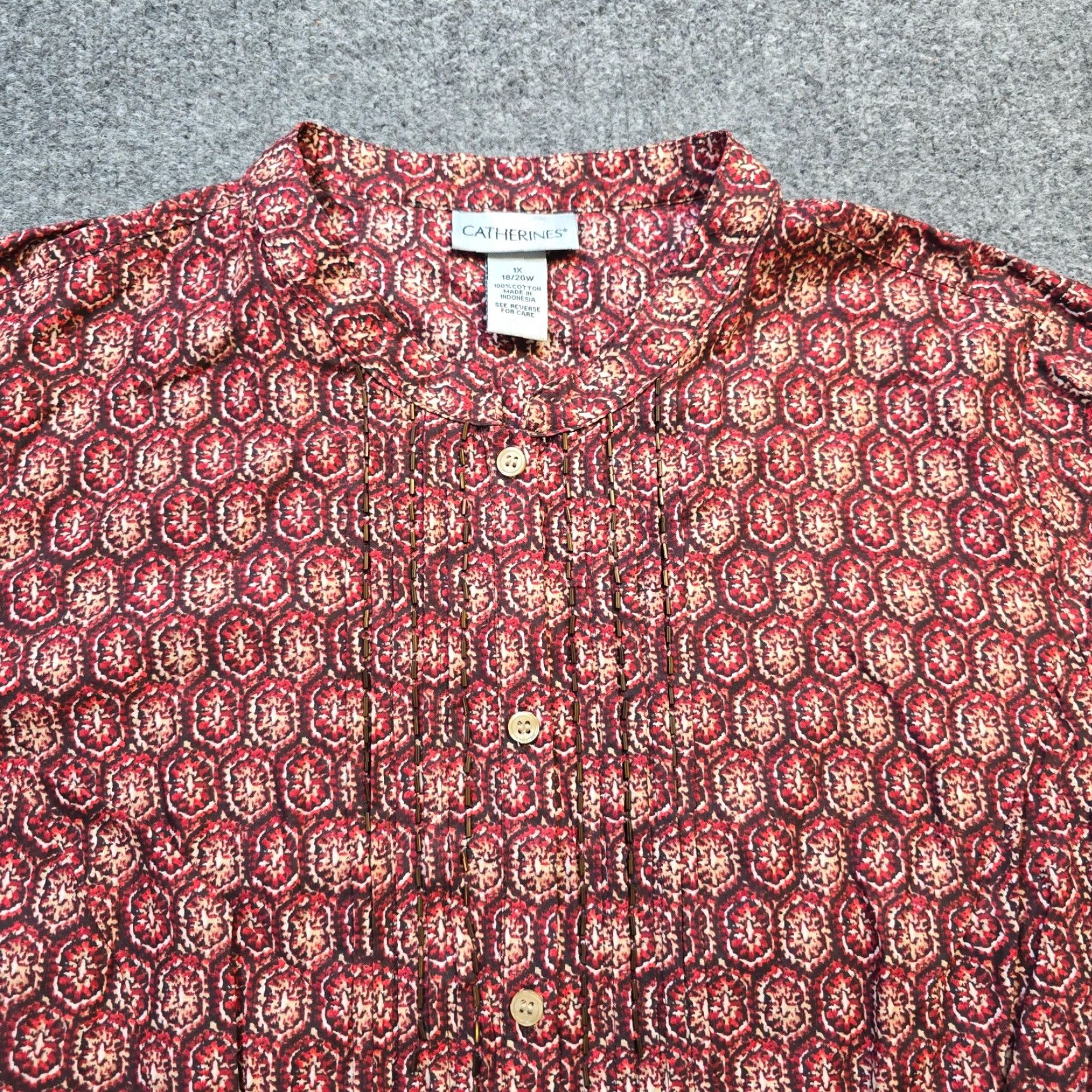 Vintage Catherine's Beaded Round Neck Button Blouse Women 1X Brown Orange Casual Career Geometric Pattern Size XL / US 12-14 / IT 48-50 - 2 Thumbnail