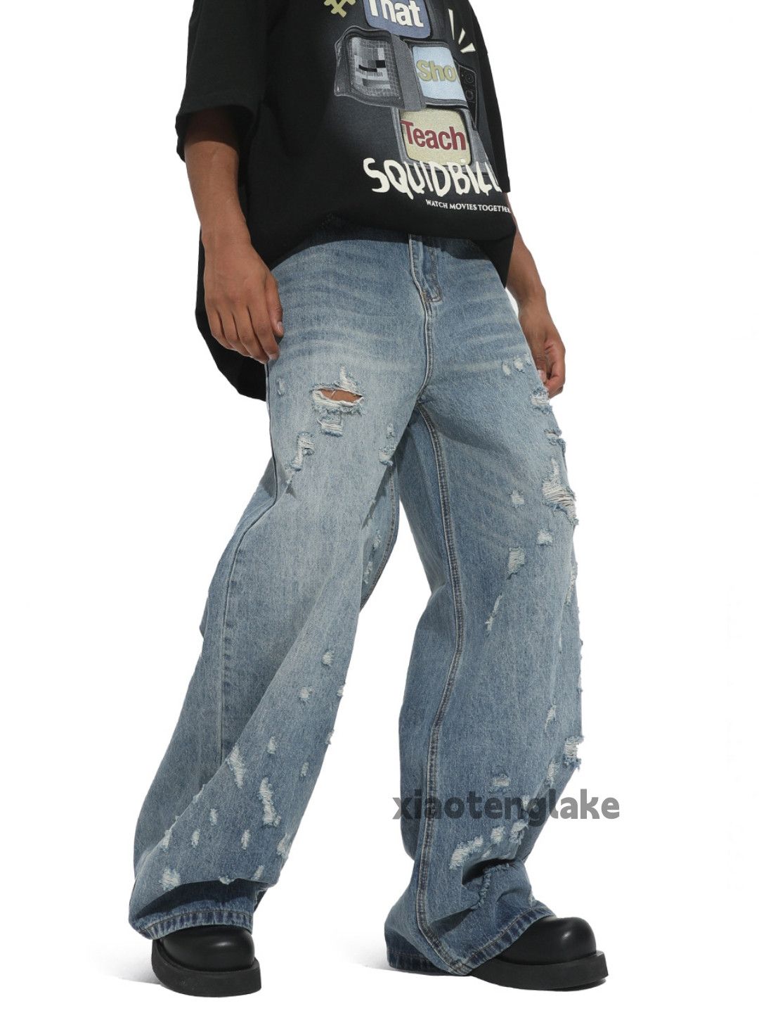 Unisex washed faded loose baggy skate hiphop jeans