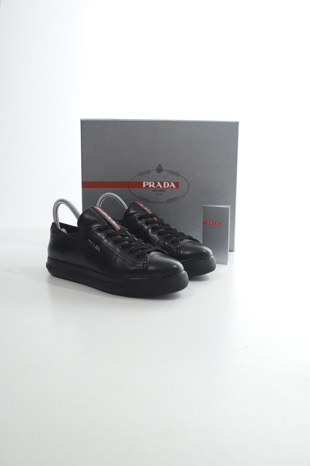 Prada PRADA Sneakers Low-Top Leather Shoes Red Tab Logo Black Wmns Size US 6.5 / IT 36.5 - 1 Thumbnail