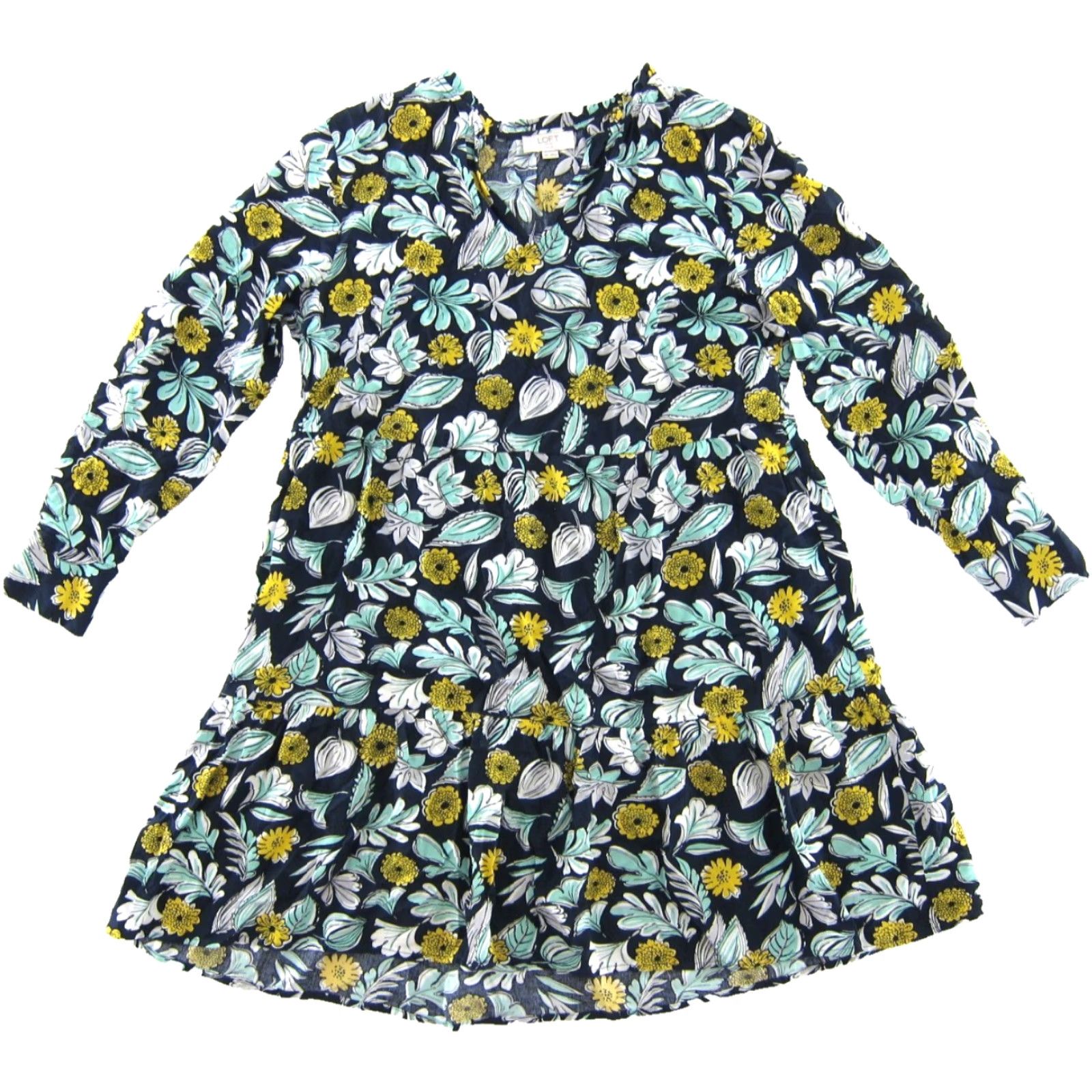 Ann Taylor Ann Taylor Floral Sun Dress V-Neck Long Sleeve Smock Yellow Blue White Rayon Maxi Dress MP Size M / US 6-8 / IT 42-44 - 2 Thumbnail