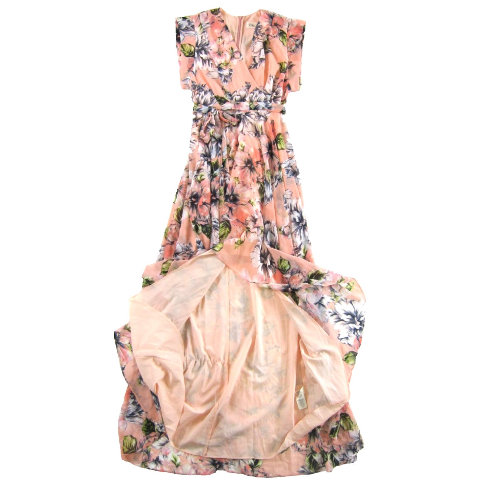 Vintage Eliza J Pink Green White Floral Cap Sleeve V-Neck High Low Maxi Dress Size 0 Size XS / US 0-2 / IT 36-38 - 5 Thumbnail