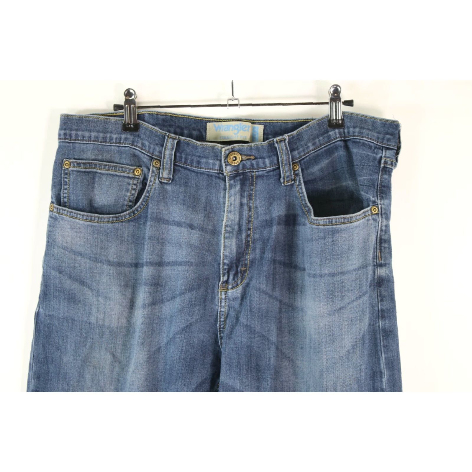 Wrangler Wrangler Mens Straight Fit Jeans Blue Denim Size 34x30 5-Pocket Design Belt Loops Front Flat Front Rise High Regular Cuff 8 in Mens Size US 34 / EU 50 - 3 Thumbnail