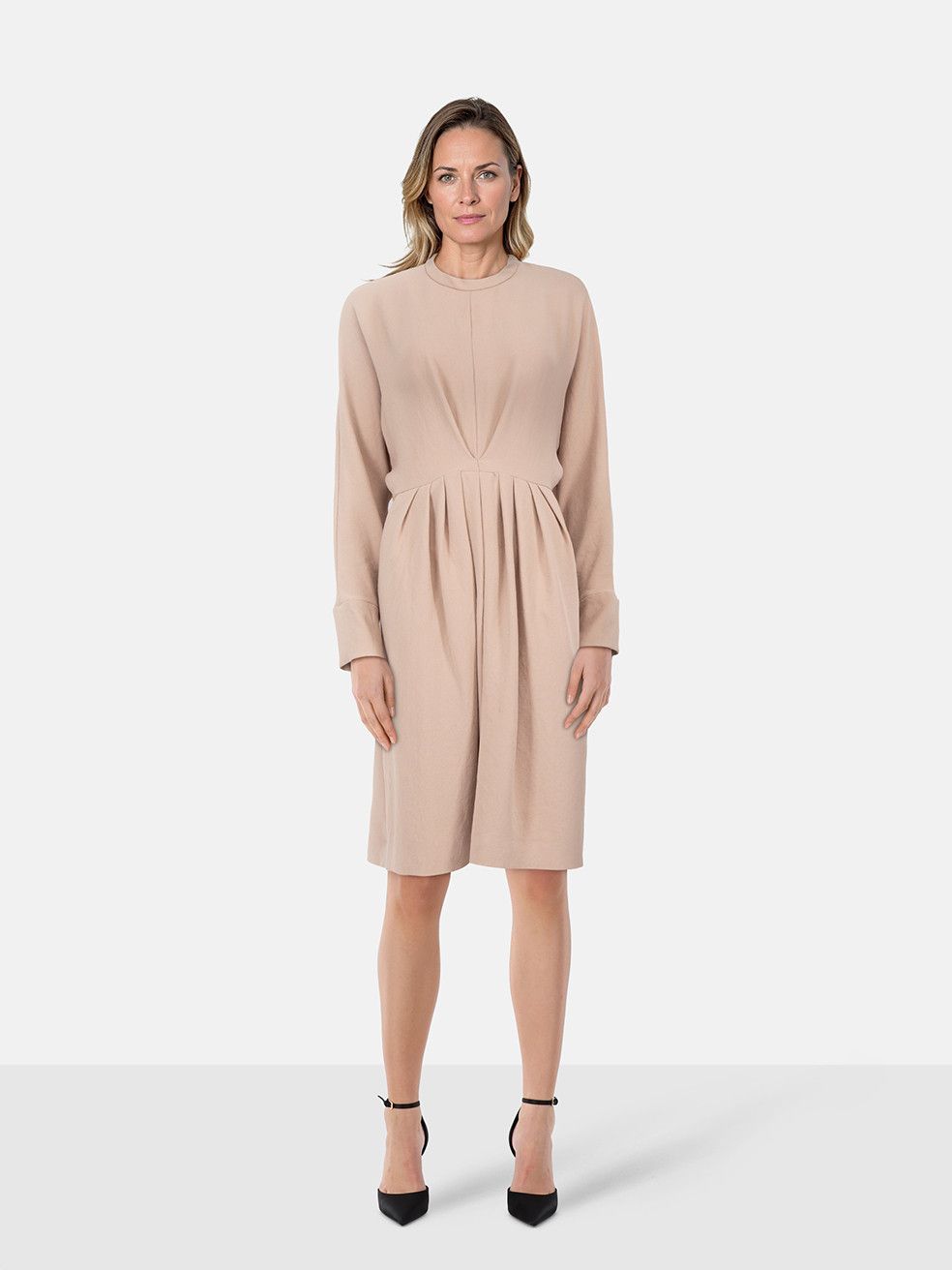 Beige Long Sleeve Pleated Dress