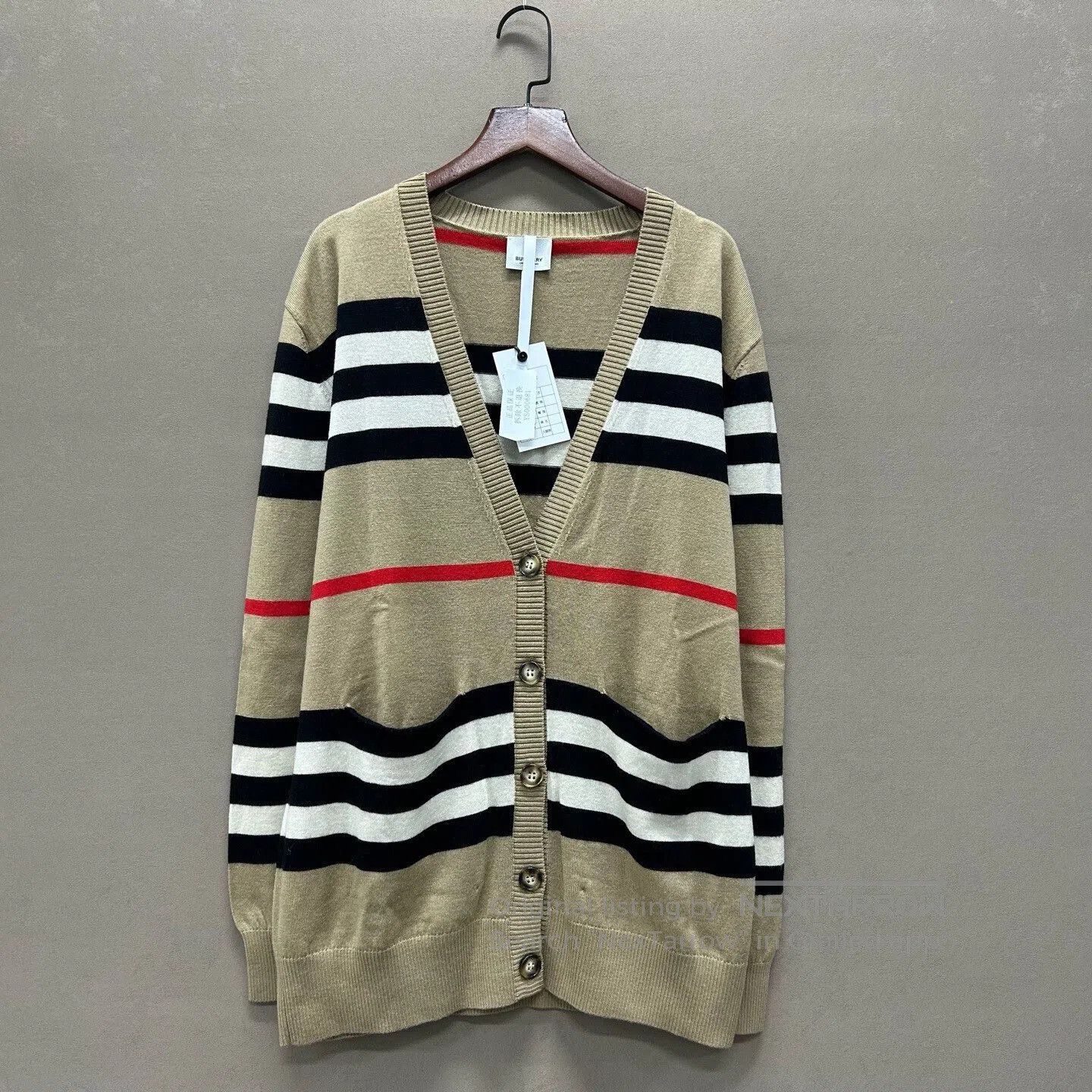 Burberry Classic Khaki Striped Merino Wool Cardigan. Size S / US 4 / IT 40 - 1 Thumbnail