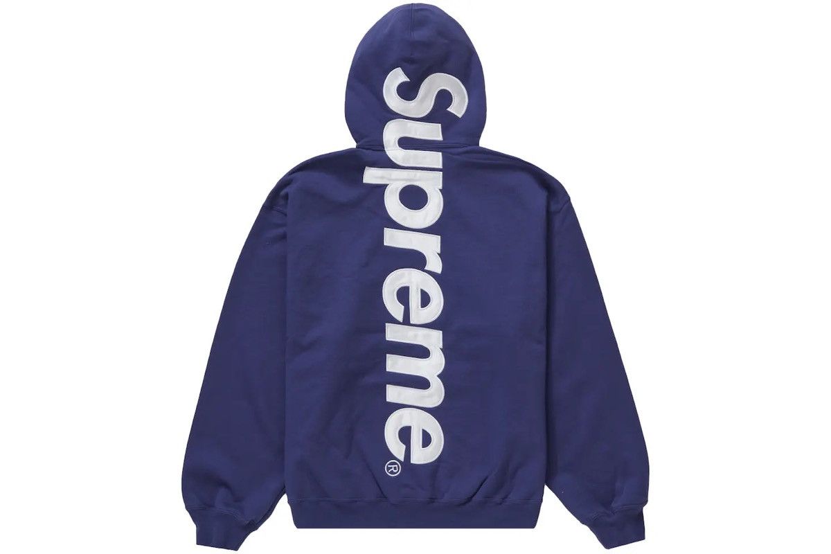 image of Supreme Satin Appliqué Logo Hoodie in Navy, Men's (Size XL)