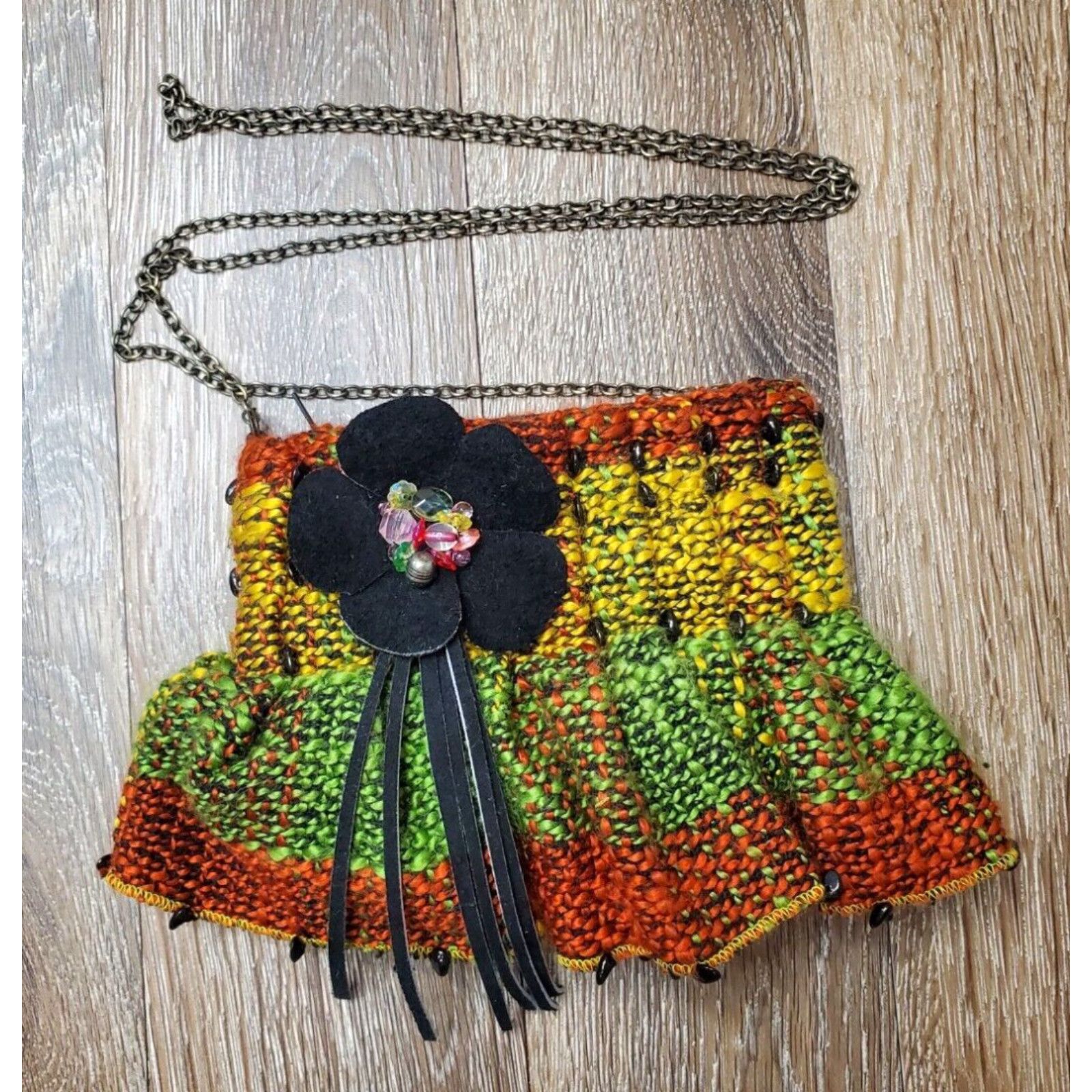 image of Vintage Mary Frances Knit Pleated Yarn Women Crossbody Bag Leather Flower Fringe Beads in White