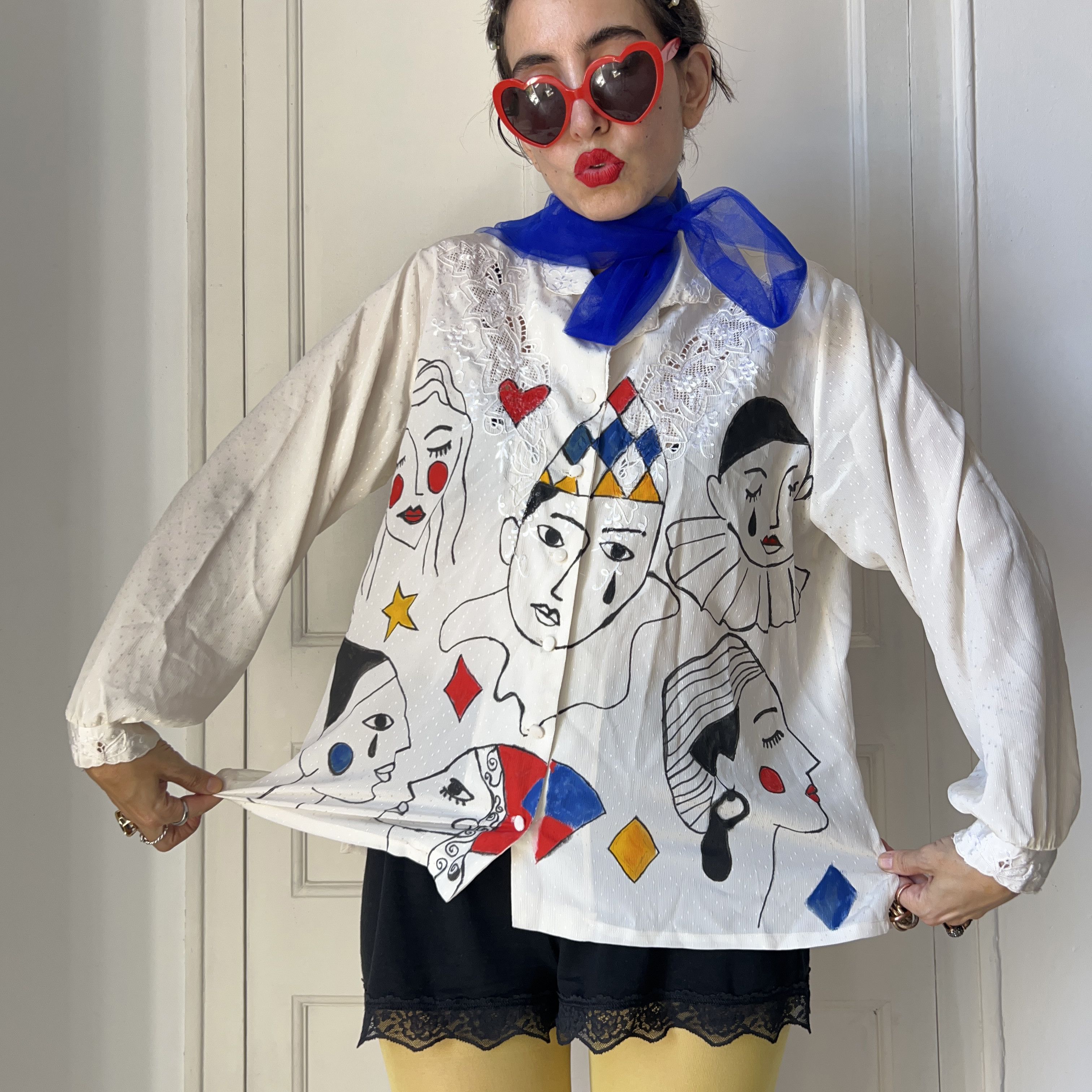 Custommade Hand Painted Vintage Harlequin Circus Blouse Size L / US 10 / IT 46 - 7 Thumbnail