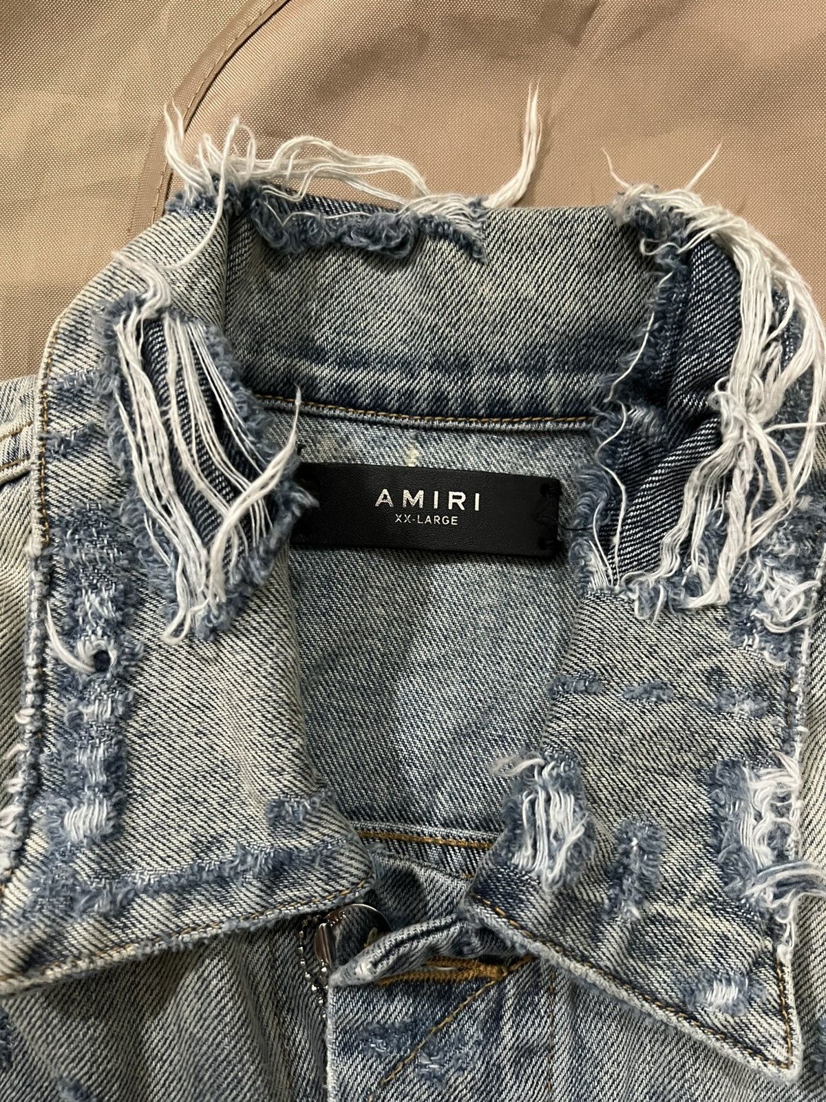 Amiri AMIRI Leather Trimmed Distressed Denim Jacket blue size XXL Size US XXL / EU 58 / 5 - 3 Thumbnail