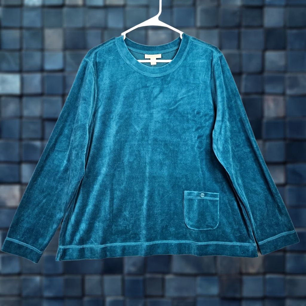 Vintage Appleseed's Women Top XL Peacock Blue Velour Long Sleeve Sweatshirt Size XL / US 12-14 / IT 48-50 - 1 Thumbnail