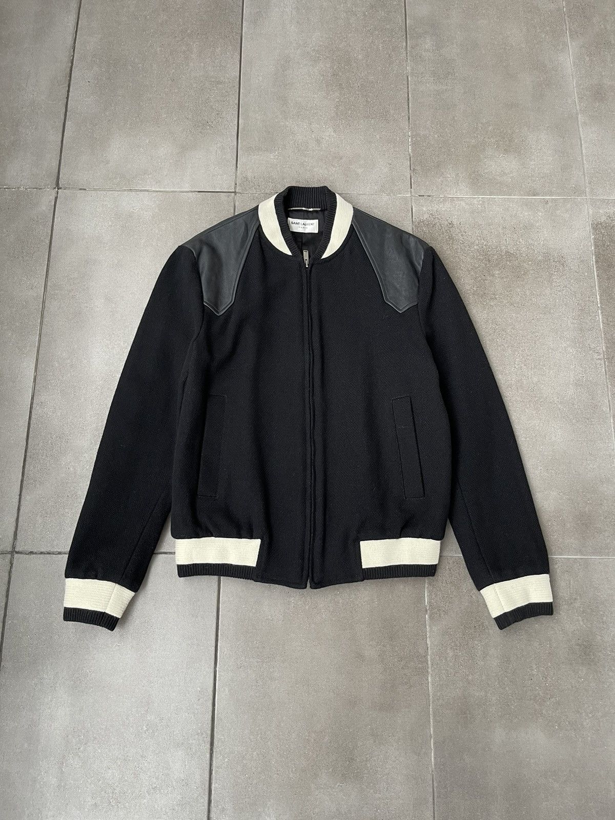 image of Saint Laurent Paris Ss19 Saint Laurent Two Tone Black Wool Teddy Bomber Jacket in Black White (Size