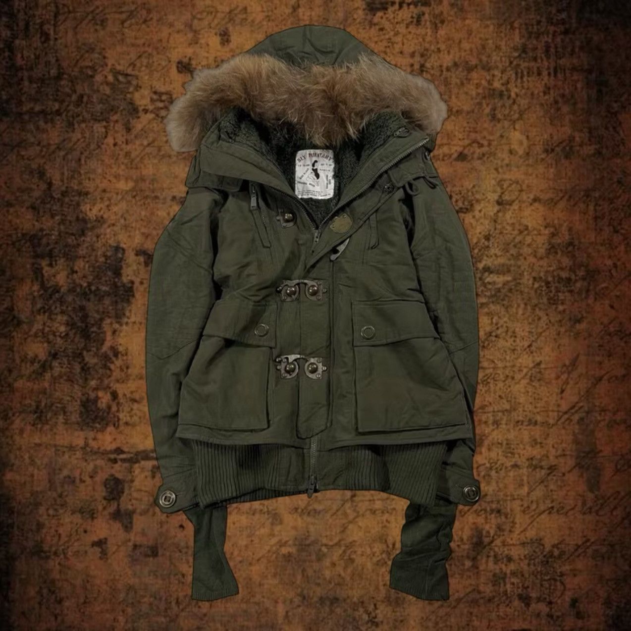Japanese Brand Y2K SLY Military Fur Hood Jacket Olive Green Grunge Archive Size US S / EU 44-46 / 1 - 2 Thumbnail