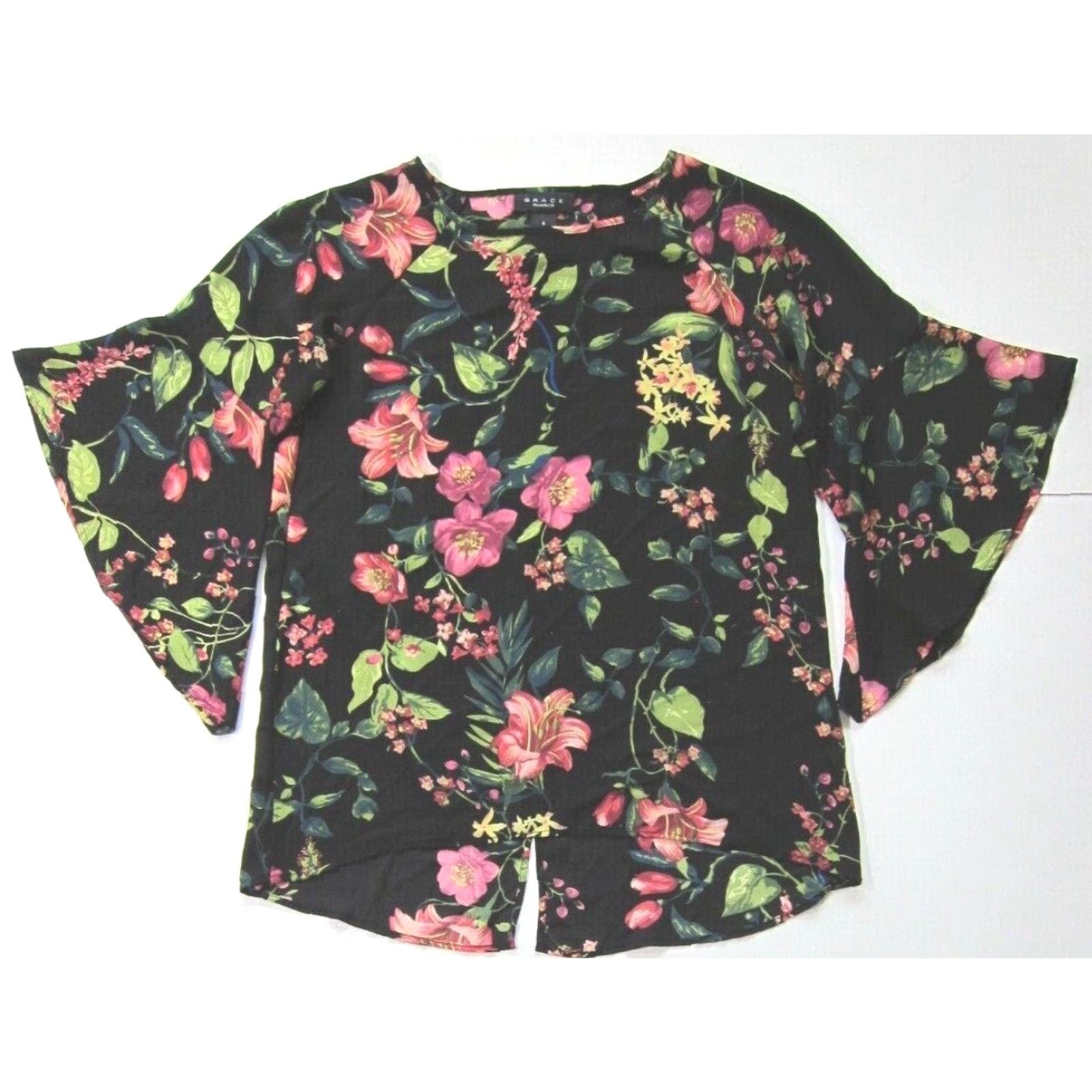 Pinko Grace Blouse Shirt Women Small Black Green Pink Floral Sheer Flare Sleeve 100% polyester Size S / US 4 / IT 40 - 2 Thumbnail