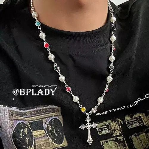 Jewelry Silver Cross Pendant Necklace with Colorful Beads Size ONE SIZE - 6 Thumbnail