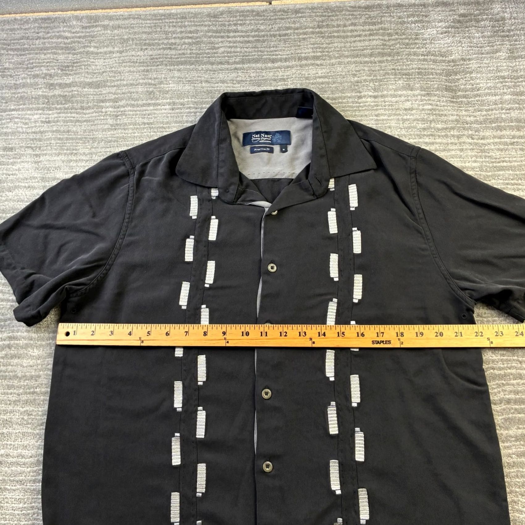 Nat Nast Nat Nast Shirt Mens Medium Black Camp Casual Bowling Geometric Silk Embroidered Button-Up Short Sleeve Shirt Size US M / EU 48-50 / 2 - 7 Thumbnail