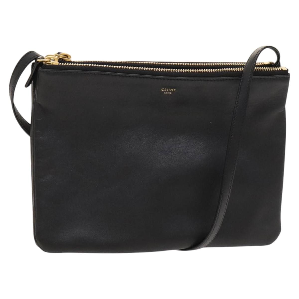 Celine Trio Shoulder Bag Leather Black Gold Auth Ba1622, Women's