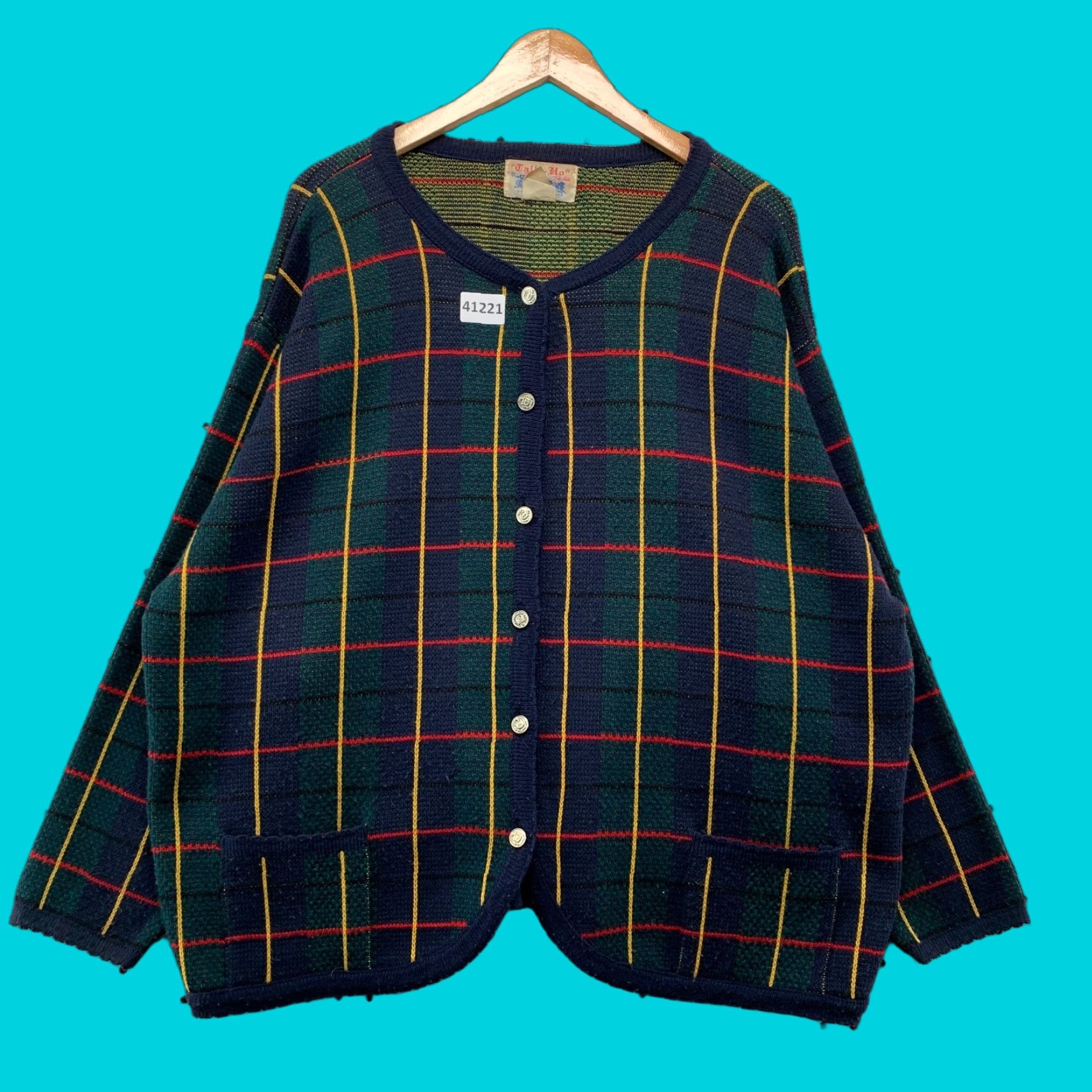 VINTAGE Tally Ho Button Cardigan Sweater Plus Size 3X Tartan Plaid Blue Long Sleeve Womens