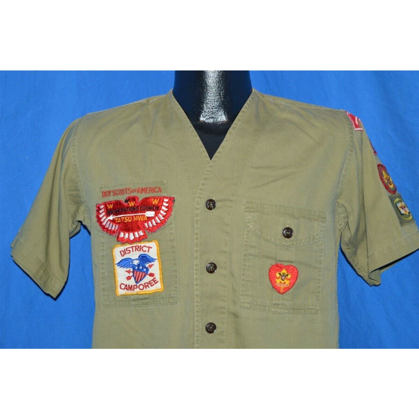 image of Vintage VTG 50S Boy Scouts America Uniform Oklahoma Troop 57 Patches Olive Gree Shirt S in White