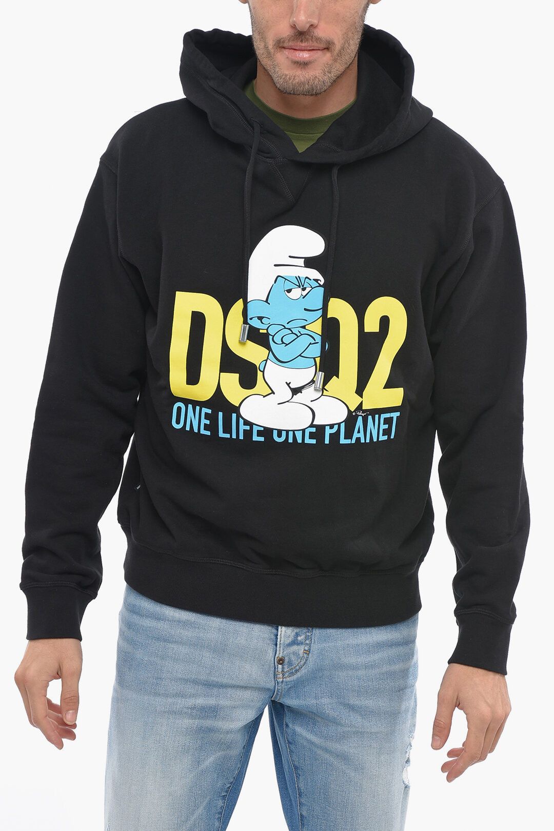 image of Dsquared2 Og1Mm0424 Brushed Cotton Smurfs Cool Hoodie In Black, Men's (Size XL)