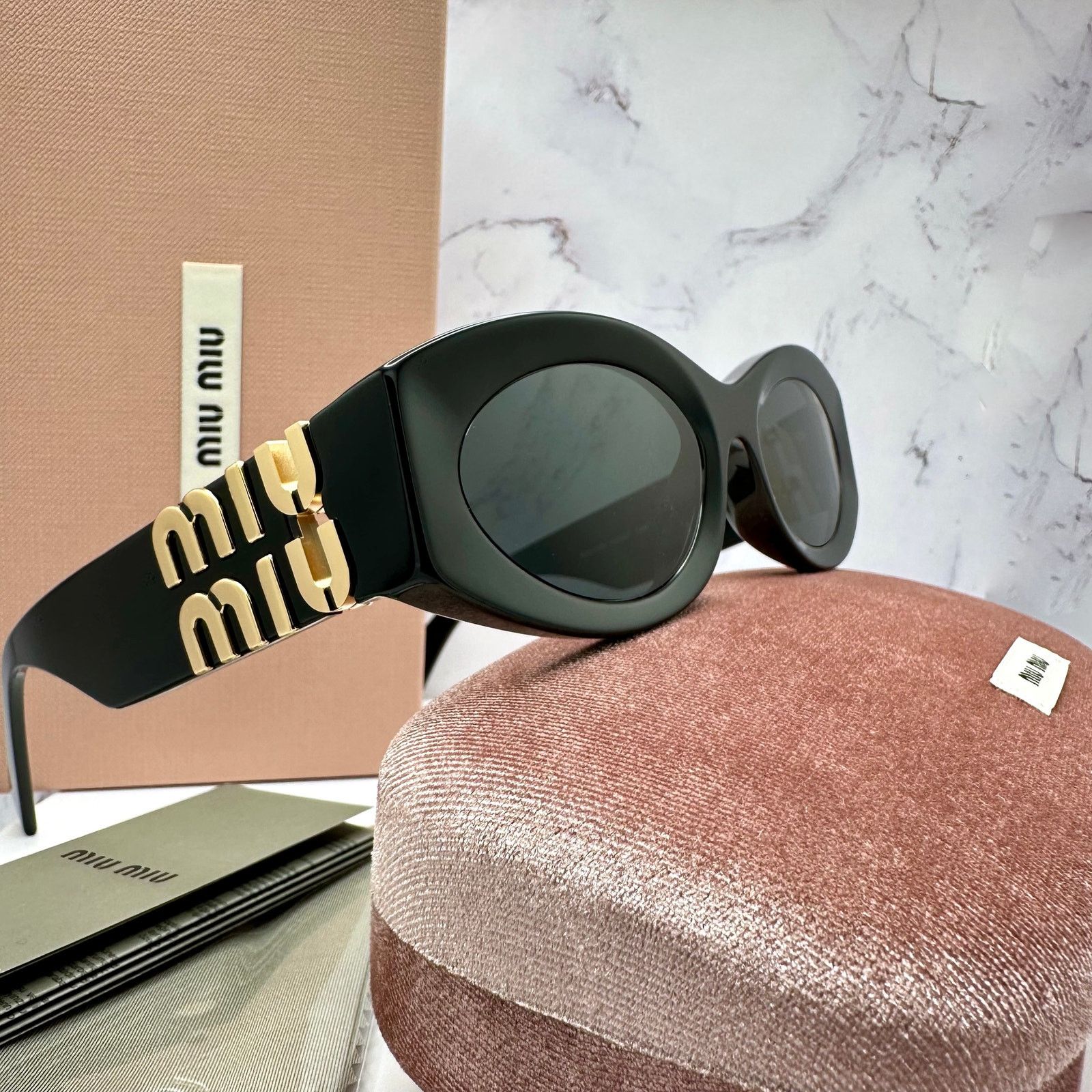 Miu Miu New MIU MIU Sunglasses Black Oval Acetate Gold Metal Logo Size ONE SIZE - 2 Thumbnail