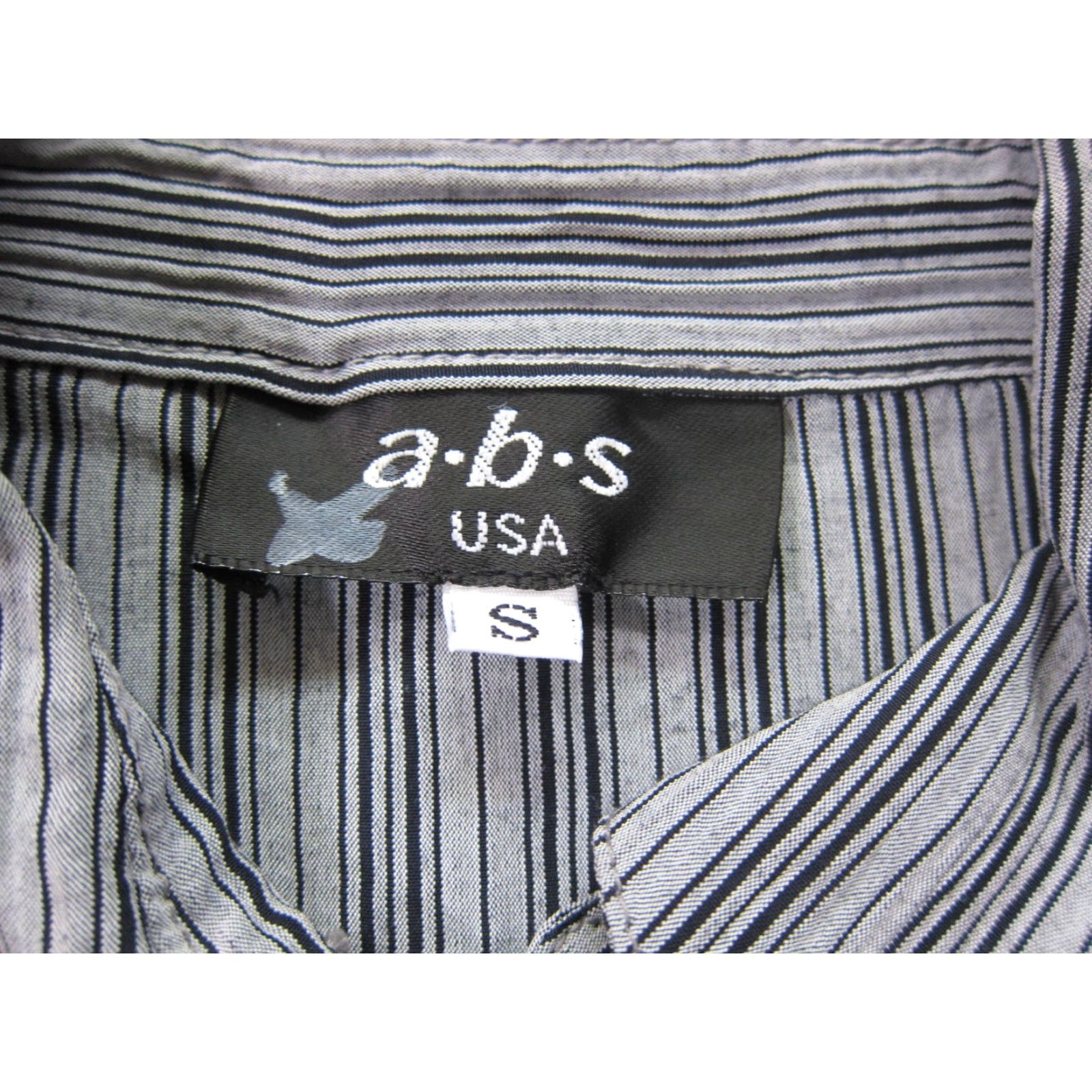 Vintage a.b.s USA Rayon Grey Black Stripe Ruffle Neck Long Sleeve Blouse Women S Size S / US 4 / IT 40 - 4 Thumbnail