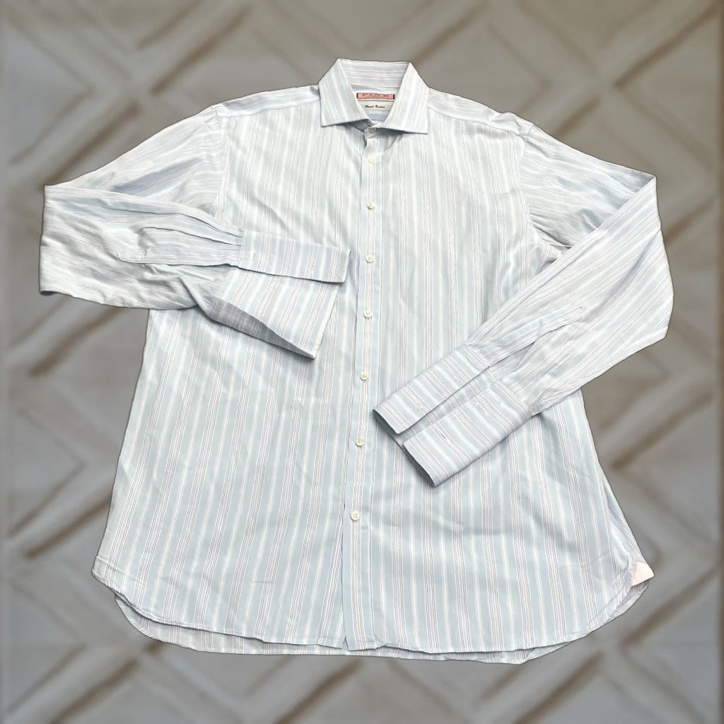 Pinko Thomas Pink Dress Shirt Mens 16 34.5 Blue Striped Jermyn Street Finest Cotton Button-Down Collar 16 in Neck French Cuff Regular Size 34R - 1 Thumbnail