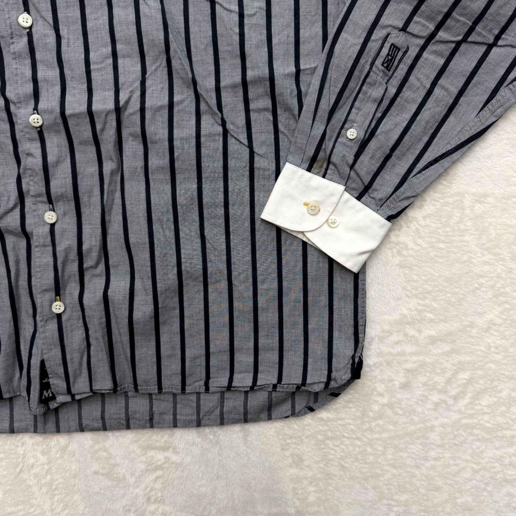 McGregor McGregor Shirt Mens XL Gray Navy Striped Button-Down Button Embo​idered Patch Cotton Wool Size US XL / EU 56 / 4 - 4 Thumbnail
