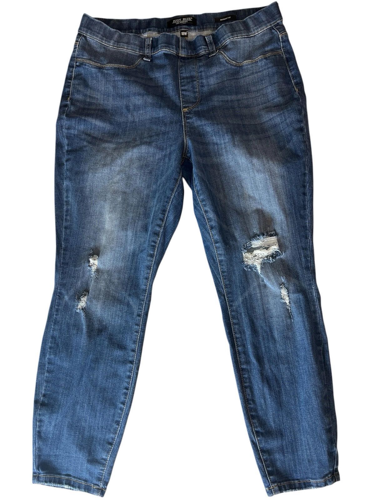 Designer Judy Blue Skinny Fit Jeans, Mid Rise Distressed Pull On 18W Size 40" / US 18 - 1 Thumbnail