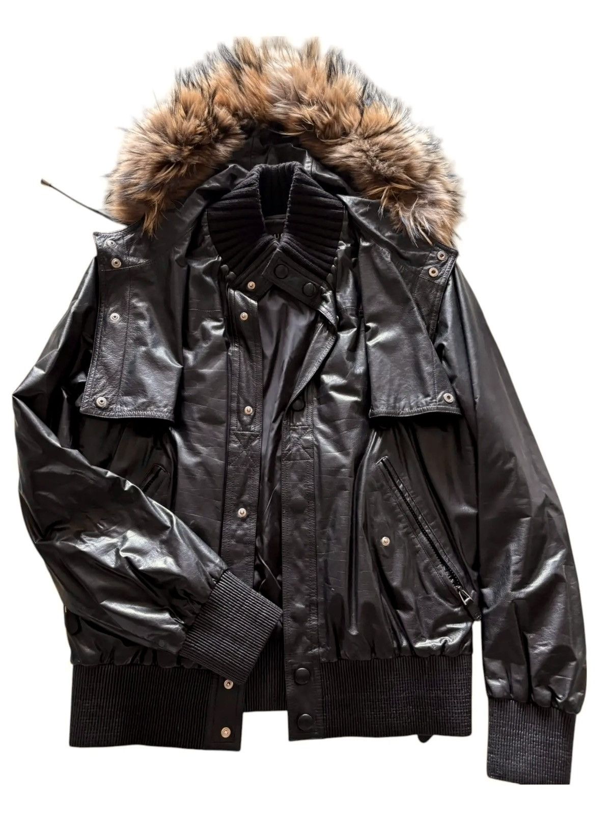 Gucci Gucci Black Leather Down Bomber w/ Fur Hood, Late 2000s Size US M / EU 48-50 / 2 - 1 Thumbnail