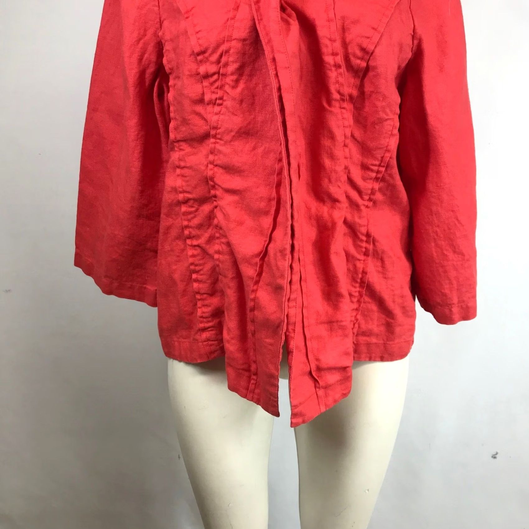 Vintage Chicos Red 100% Linen Jacket Size L Mandarin Collar Open Front Raw Edge Seam Womens Size L / US 10 / IT 46 - 3 Thumbnail
