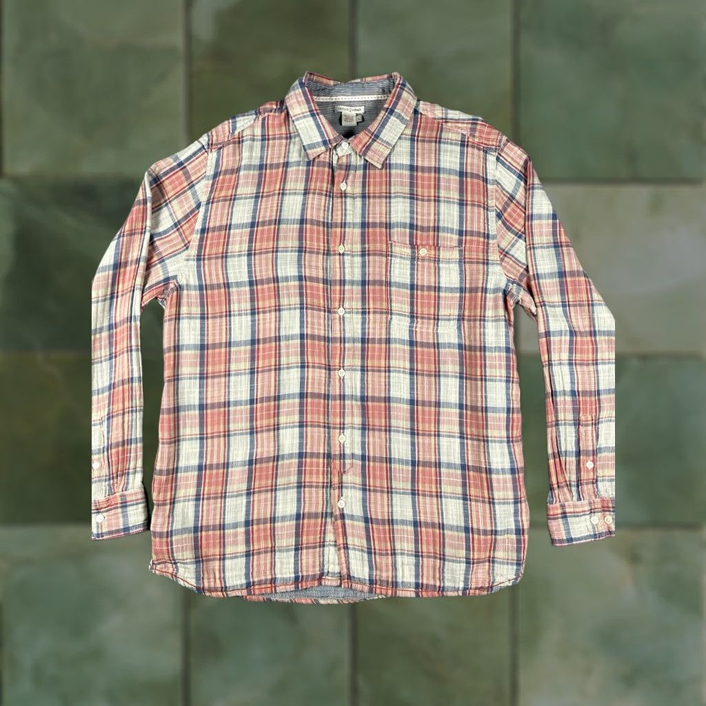 Carbon VINTAGE Carbon 2 Cobalt Shirt Mens Large Red Plaid Button-Up Long Sleeve Chambray Linen/Cotton Grunge Size US L / EU 52-54 / 3 - 1 Thumbnail