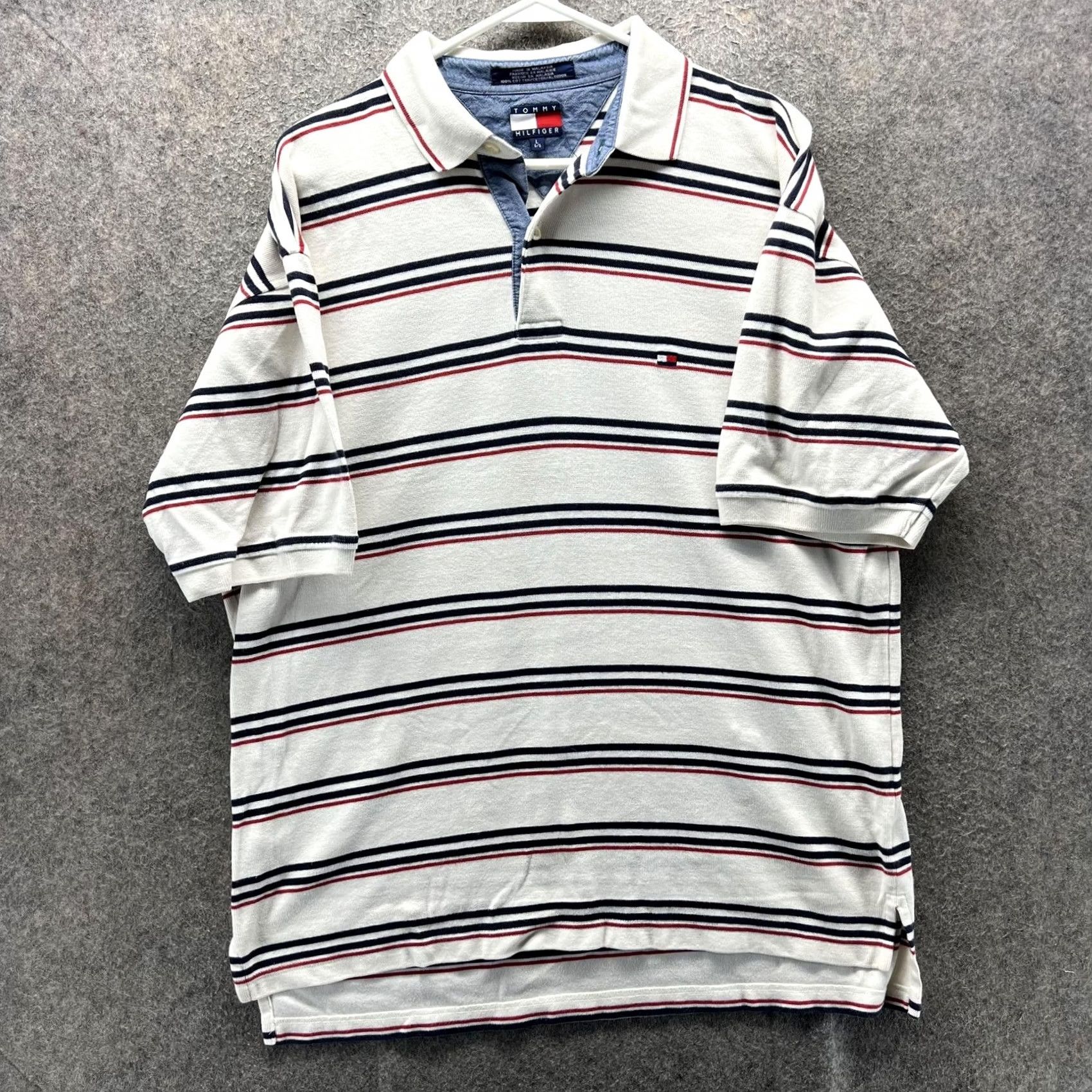 Tommy Hilfiger Tommy Hilfiger Polo Shirt Mens L White Stripe Chambray Collar Short Sleeve Size US L / EU 52-54 / 3 - 2 Thumbnail