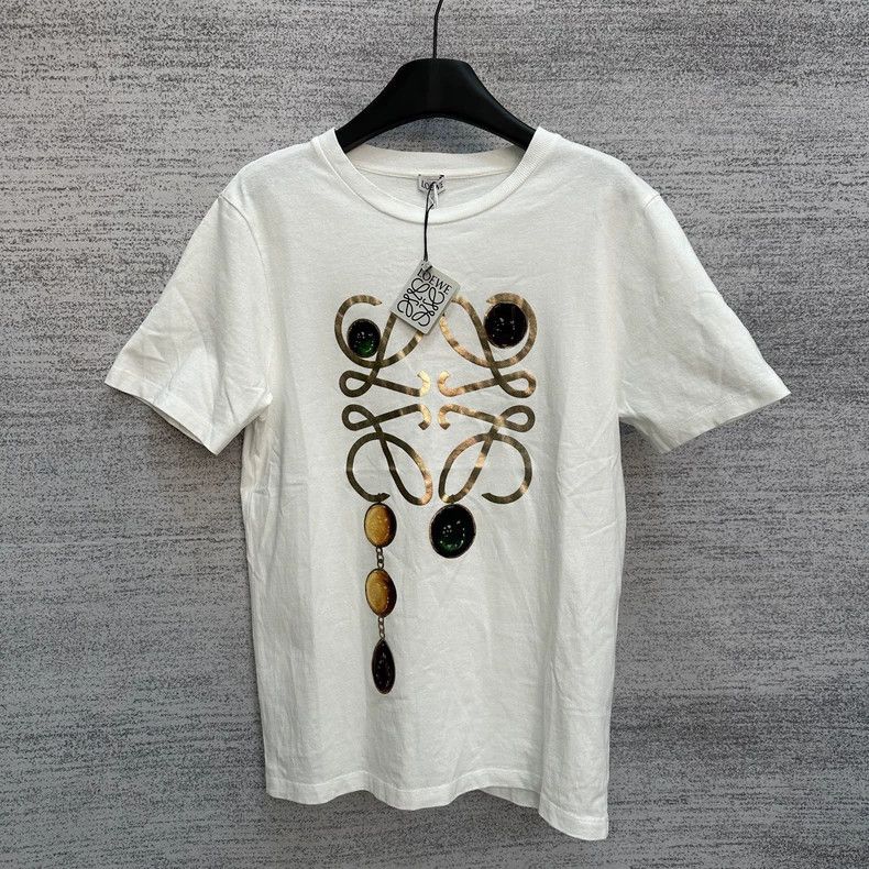 Loewe LOEWE White elegant gold embossed logo gemstone short slee Size S / US 4 / IT 40 - 1 Thumbnail