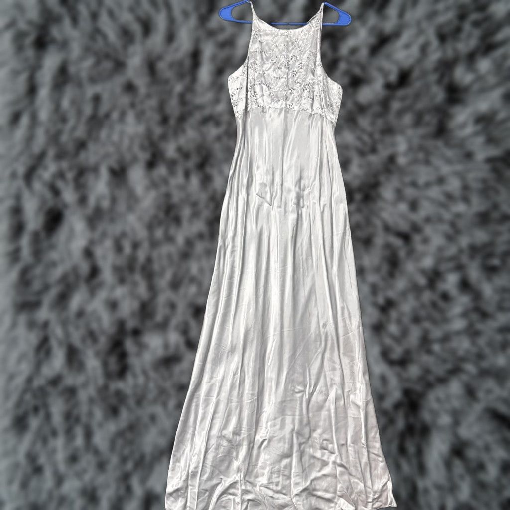 VINTAGE Morgan & Co. Silver Satin Sequin Halter Maxi Dress 11/12 Teens  Girls Formal Prom