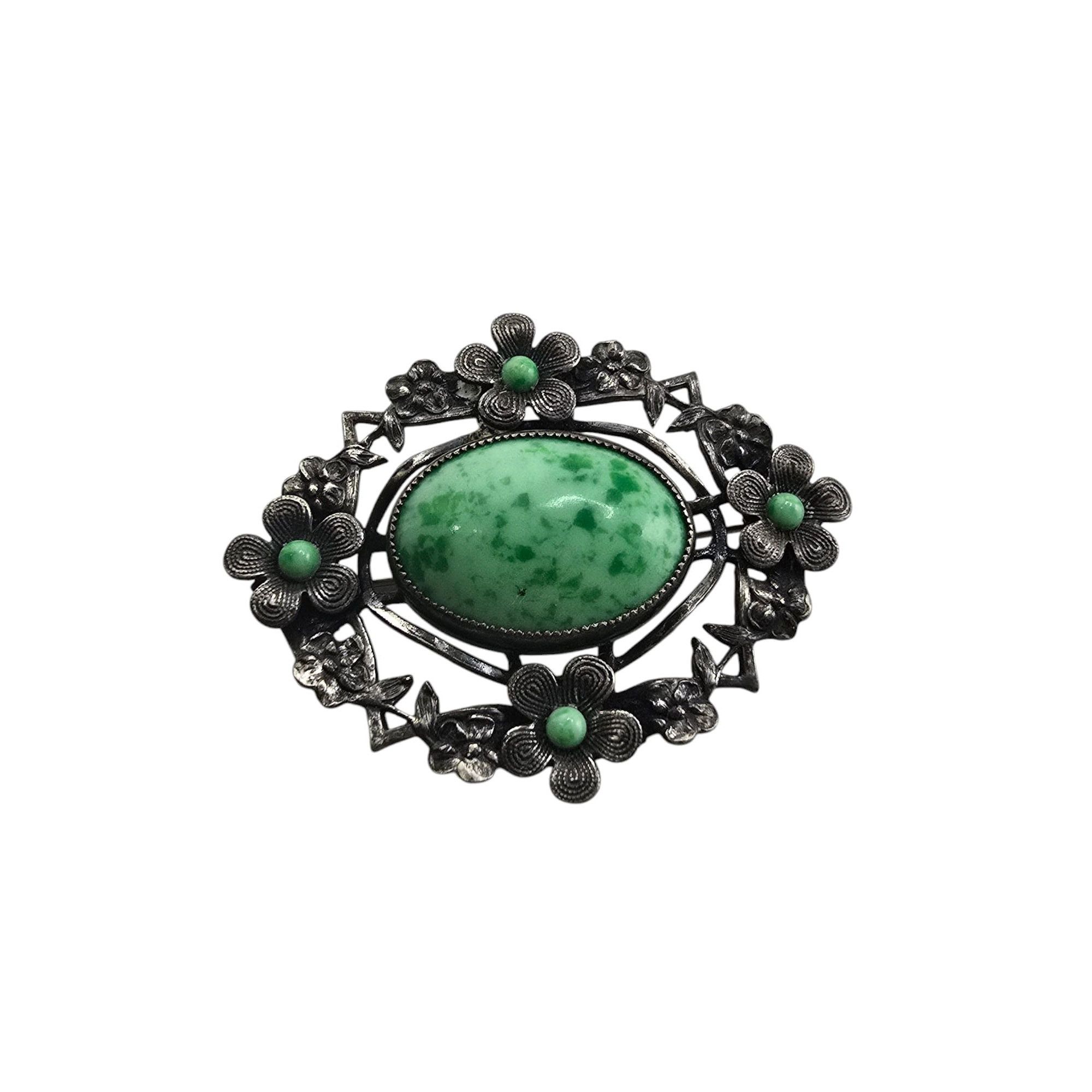Vintage Gorgeous Mottled Green Stone Czech Brooch (A7054) Size ONE SIZE - 1 Thumbnail