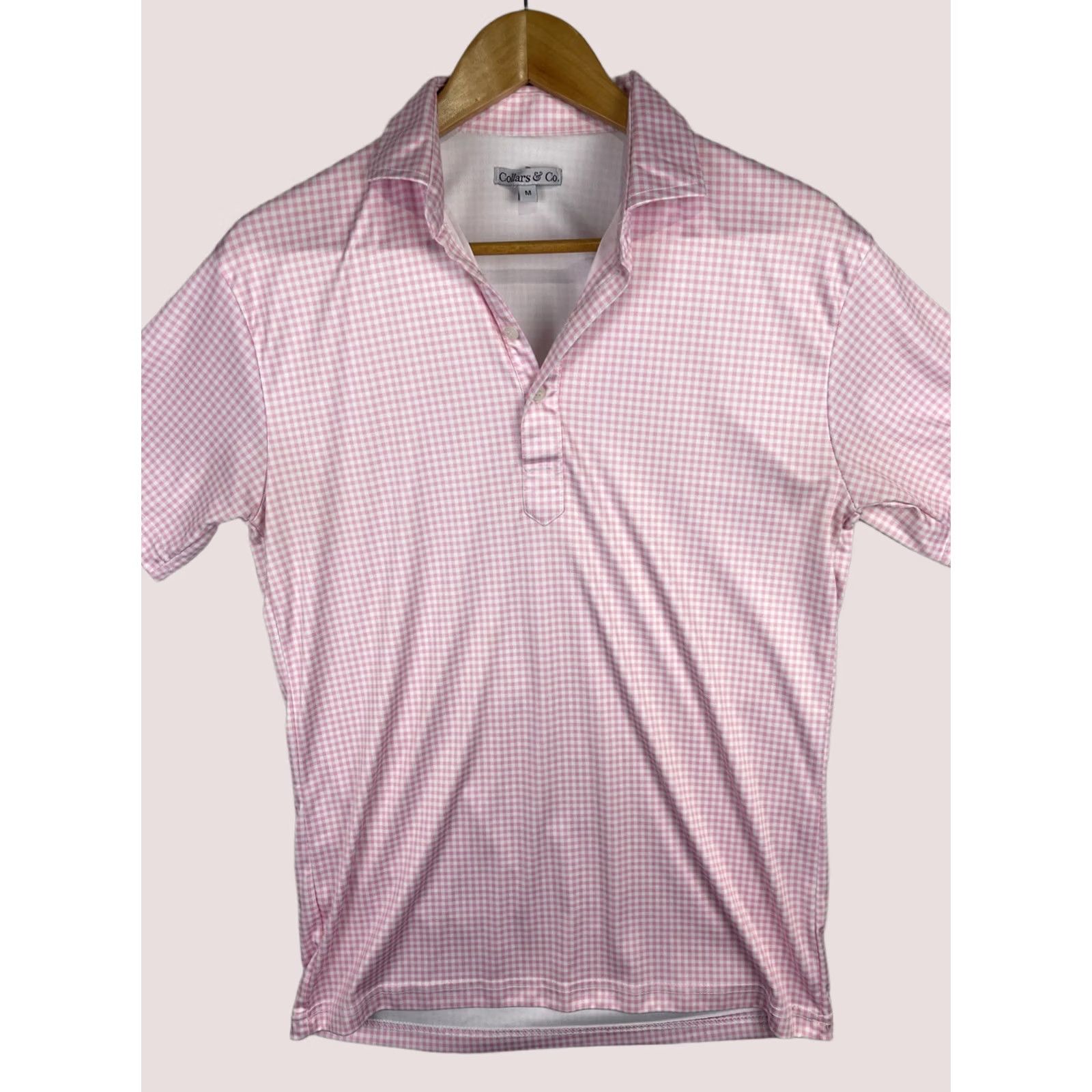 CO Collars & Co Polo Shirt Mens Medium Pink Gingham Check Dress Collar Button Up Shirt Size 40R - 1 Thumbnail