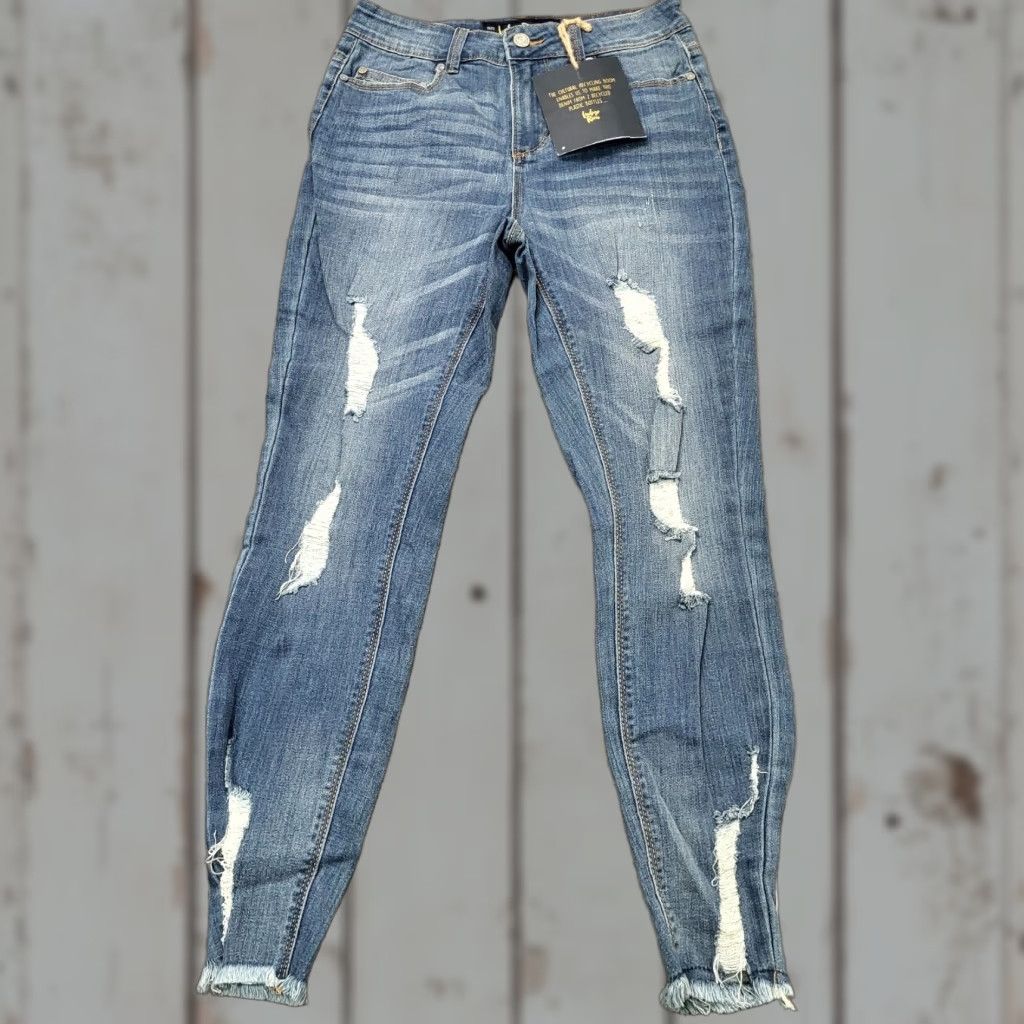 Vintage Indigo Rein Jeans Womens 5/26 Med Blue Wash Distressed High Rise Crop Jeans 5/26 Slim Blue 90s City College Womens Size 27" / US 4 / IT 40 - 1 Thumbnail