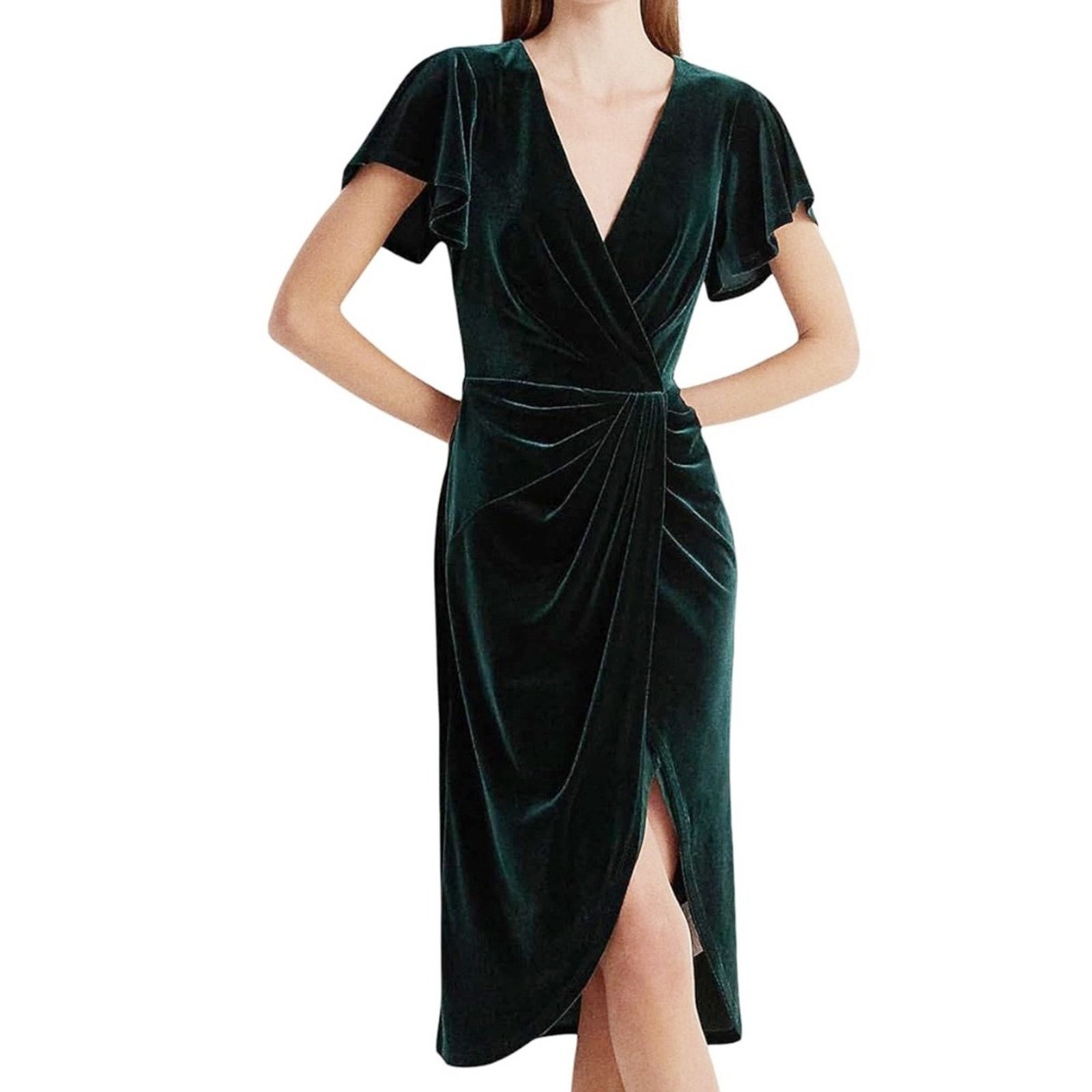 dkny emerald green dress Shop DKNY Women Dark Green Solid V Neck Dress Online – Iconic India main image 0